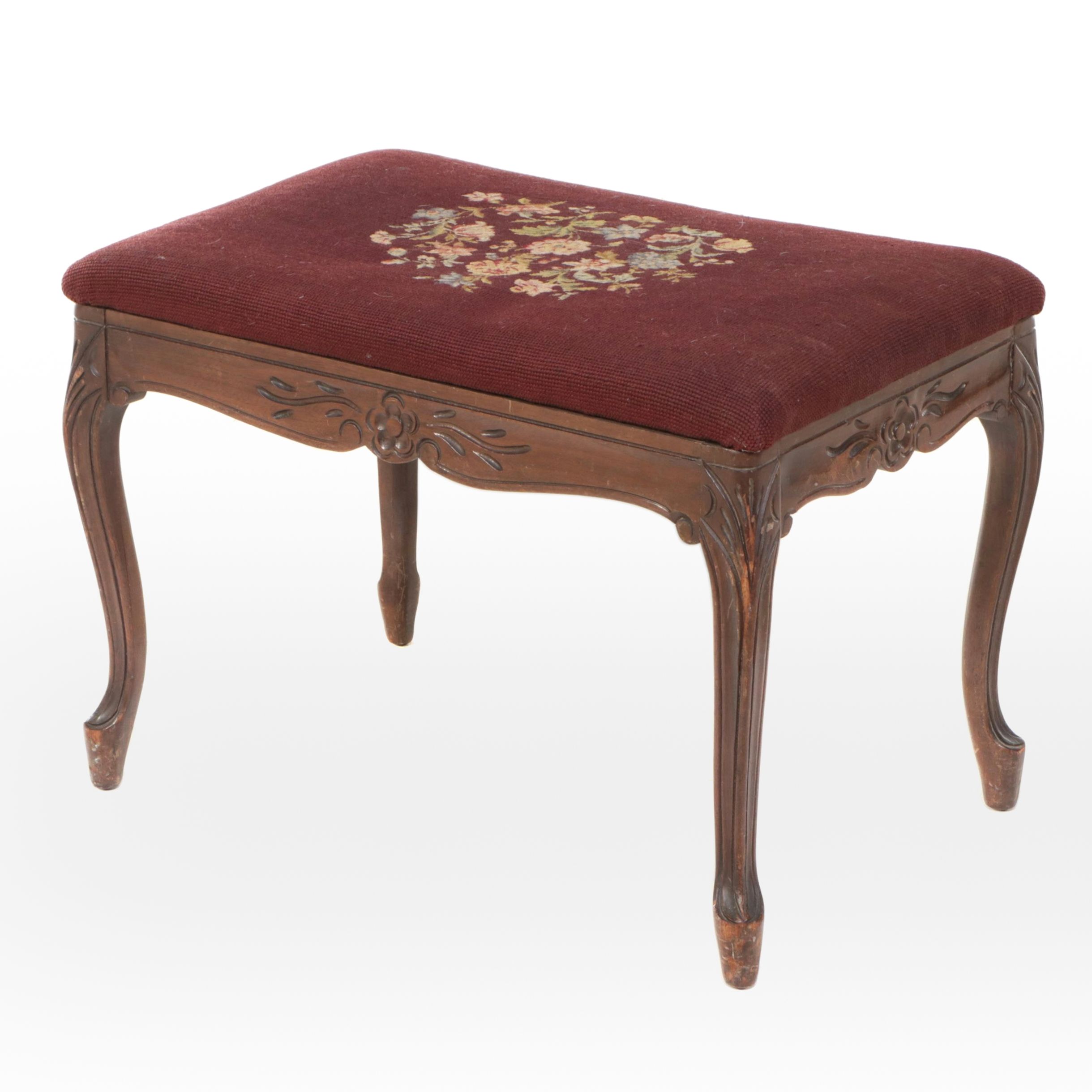 Victorian Style Floral Needlepoint Carved Mahogany Footstool