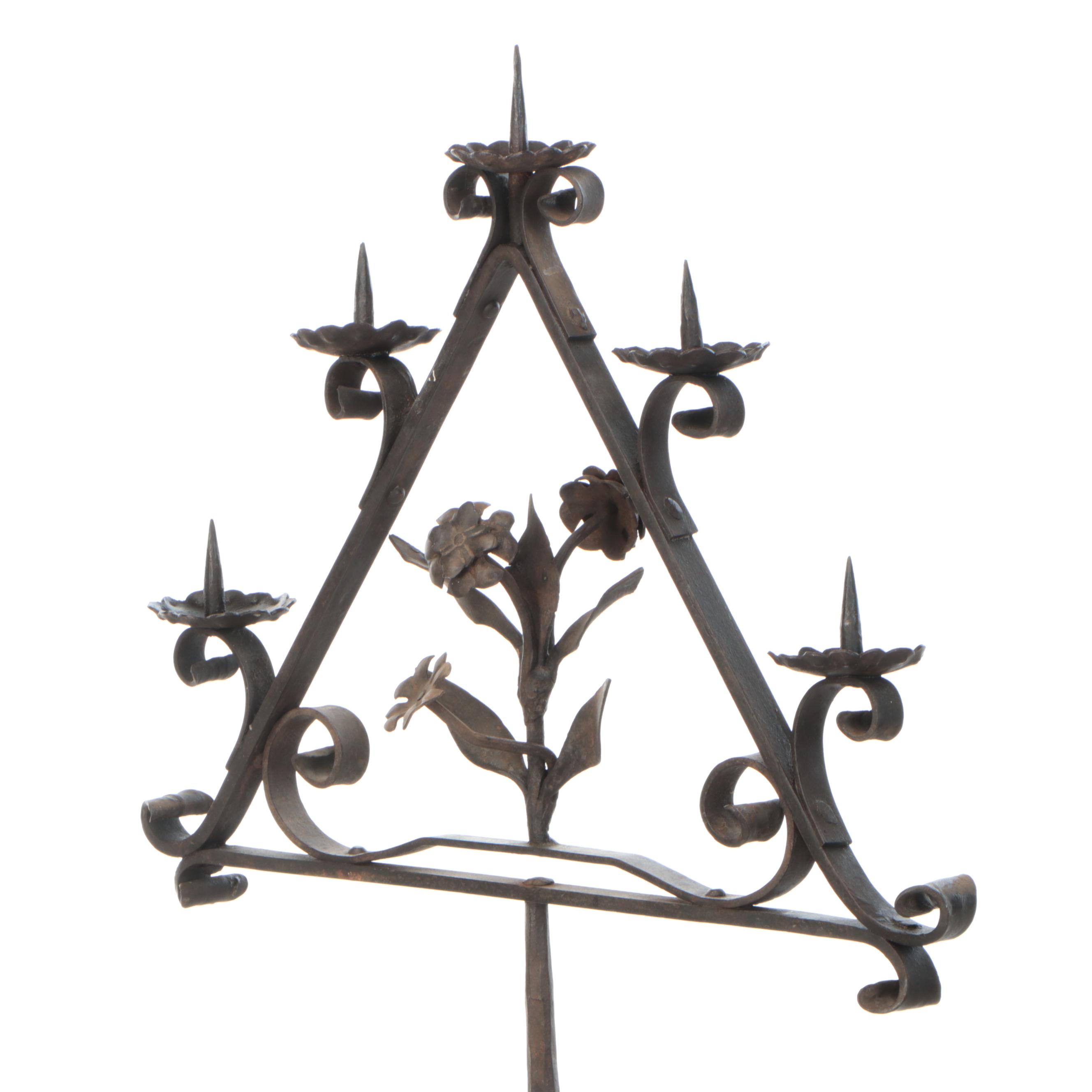 Samuel Yellin Style Spanish Revival Wrought Iron Floor Standing Candle Prickets