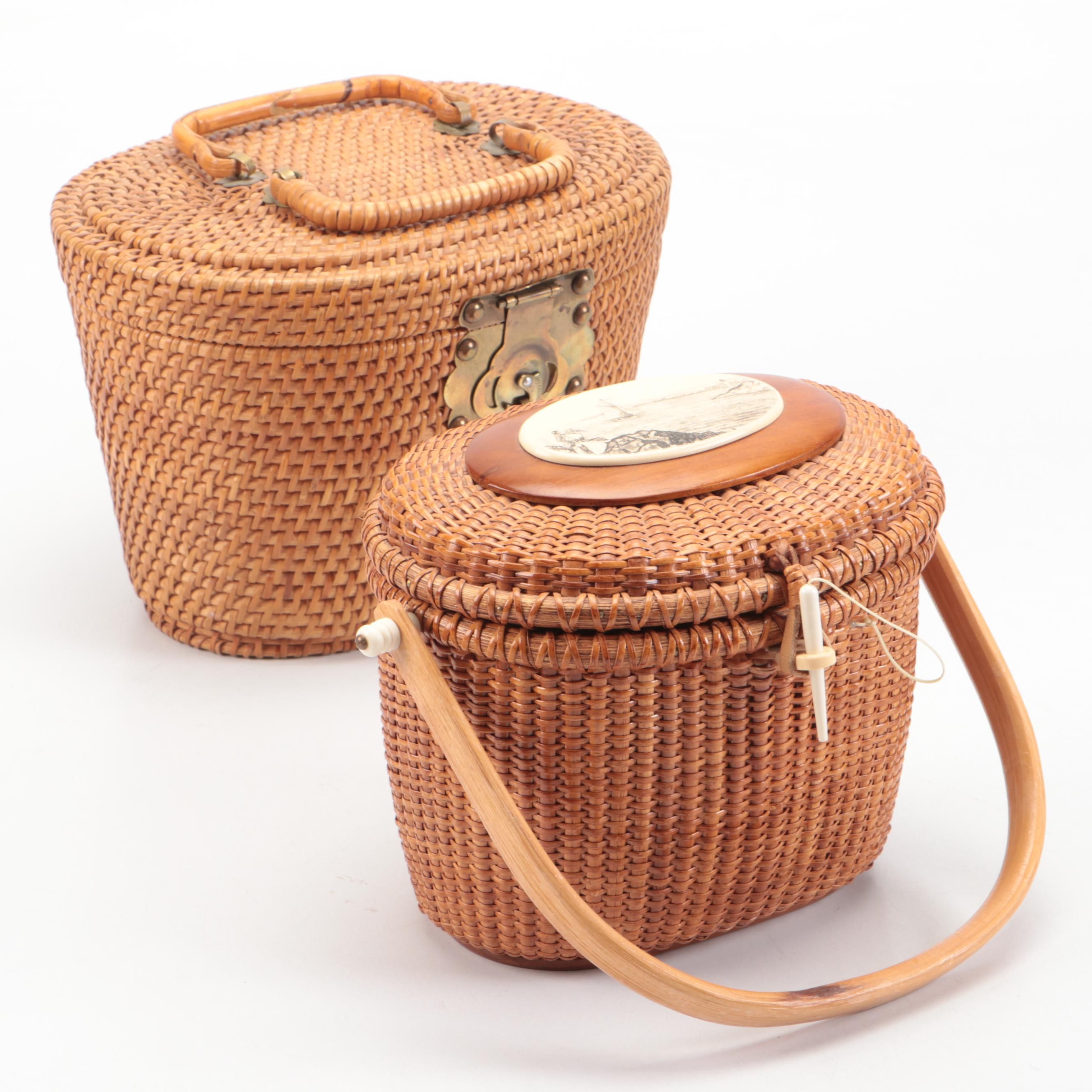 Vintage Barlow Nantucket Basket with Woven Bucket Basket Handbag