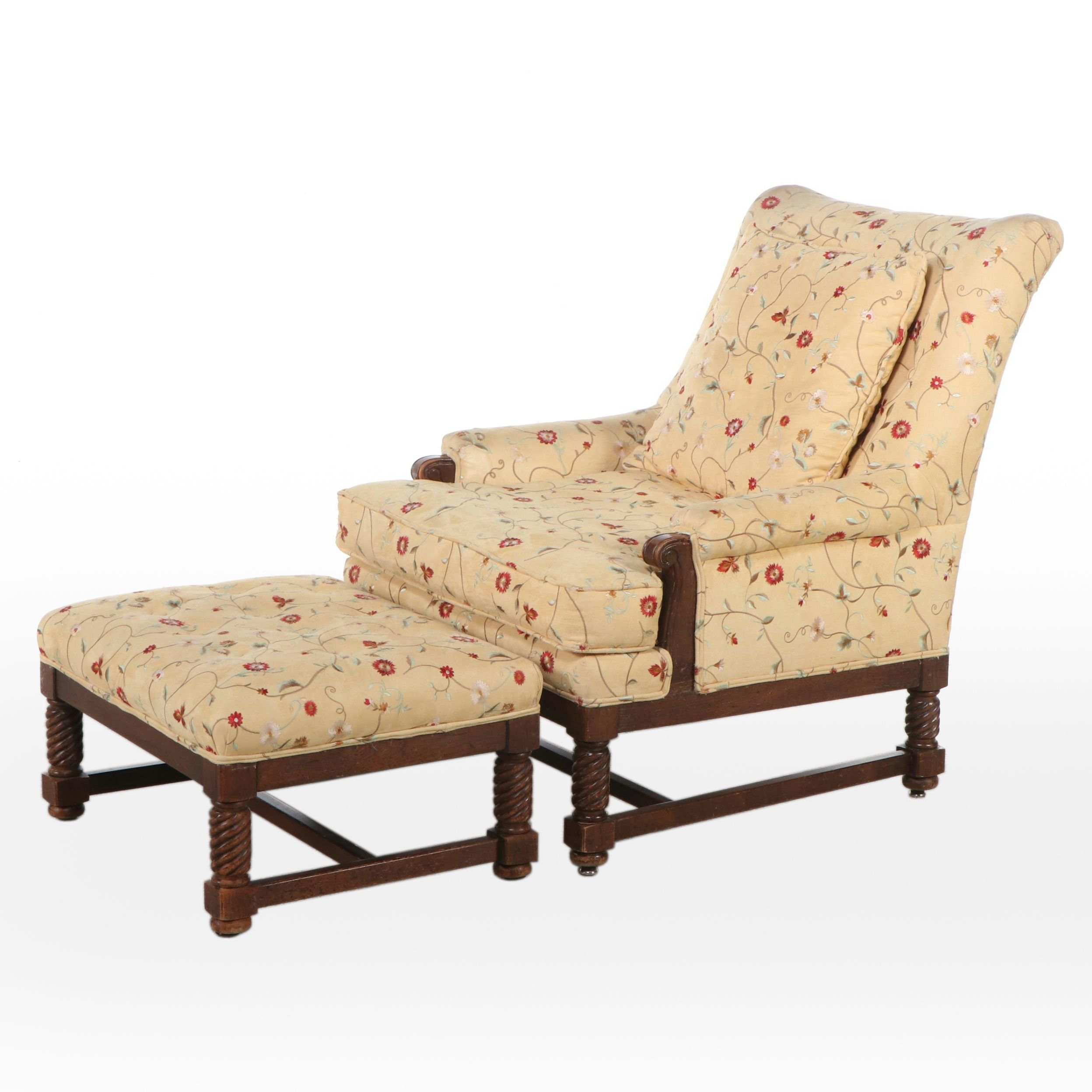 Yellow Floral Motif Armchair and Ottoman