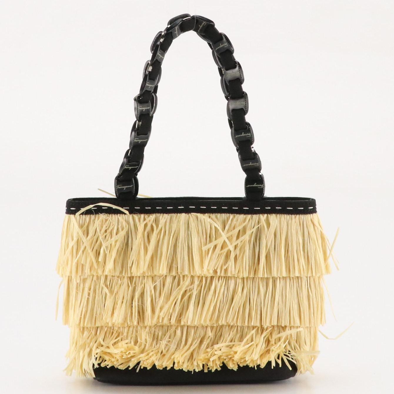 Salvatore Ferragamo Fringed Straw Mini Tote with Interwoven Link Strap