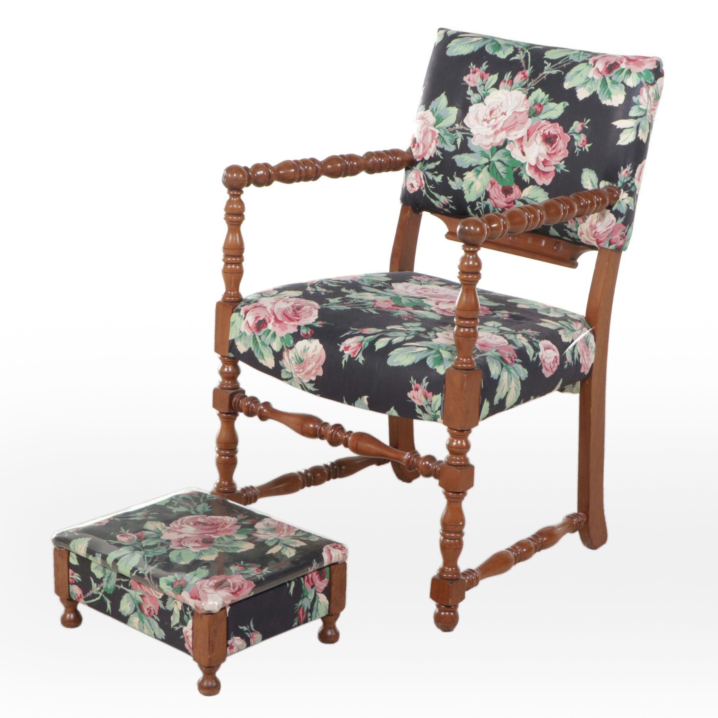 William and Mary Style Turned Maple Armchair and Footstool