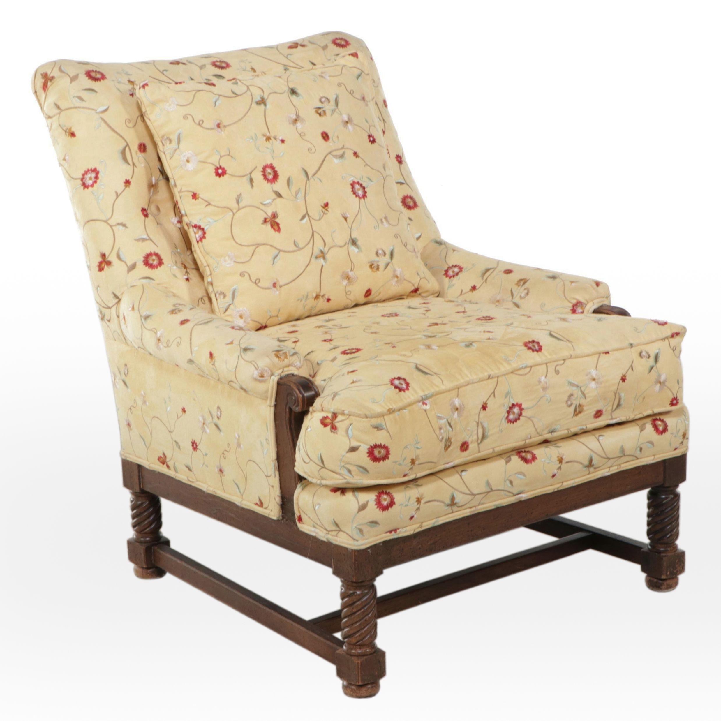 Jacobean Style Yellow Floral Fabric Upholstered Armchair, Mid-20th Century