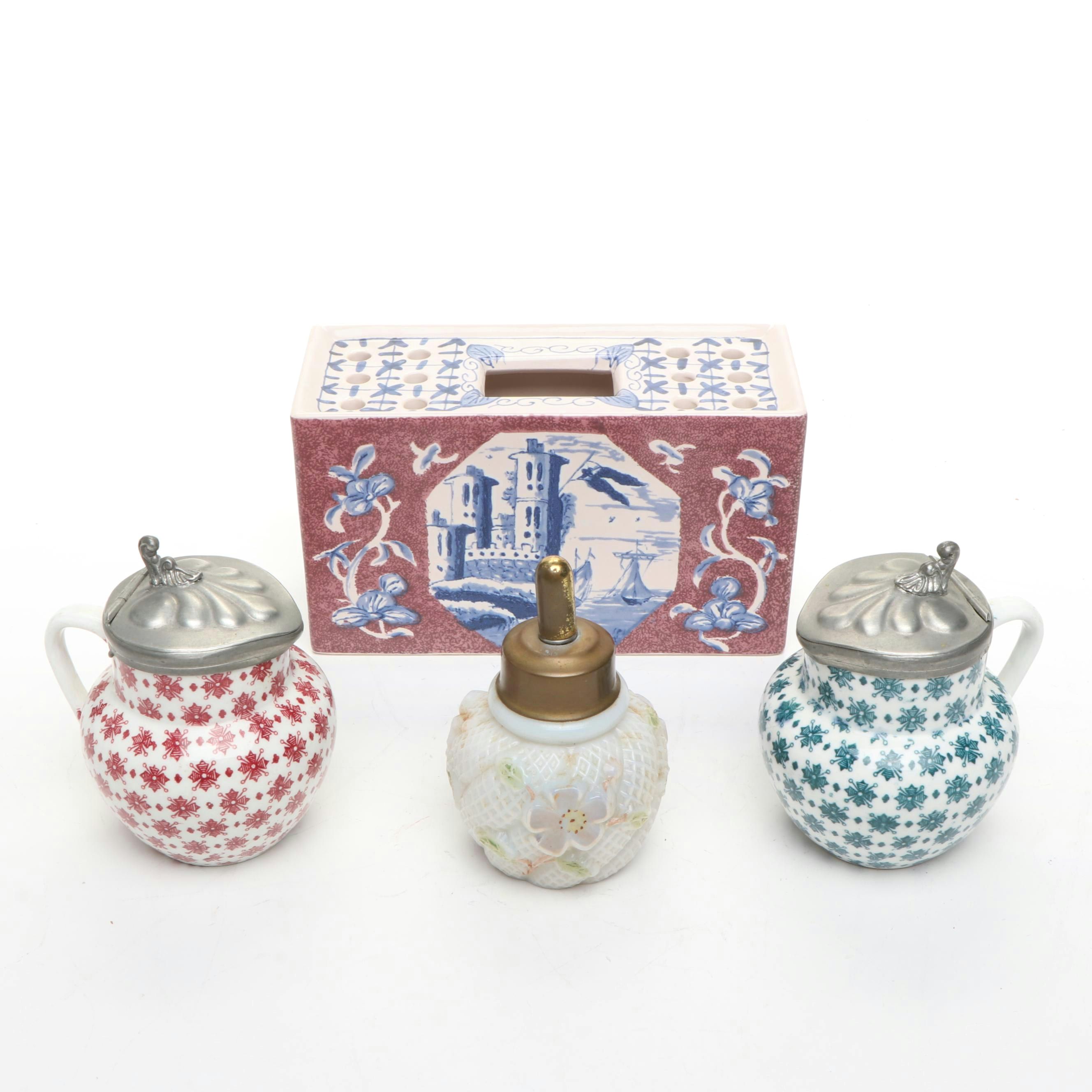 Colonial Williamsburg Delft Porcelain Flower Box with Creamers and Table Lighter