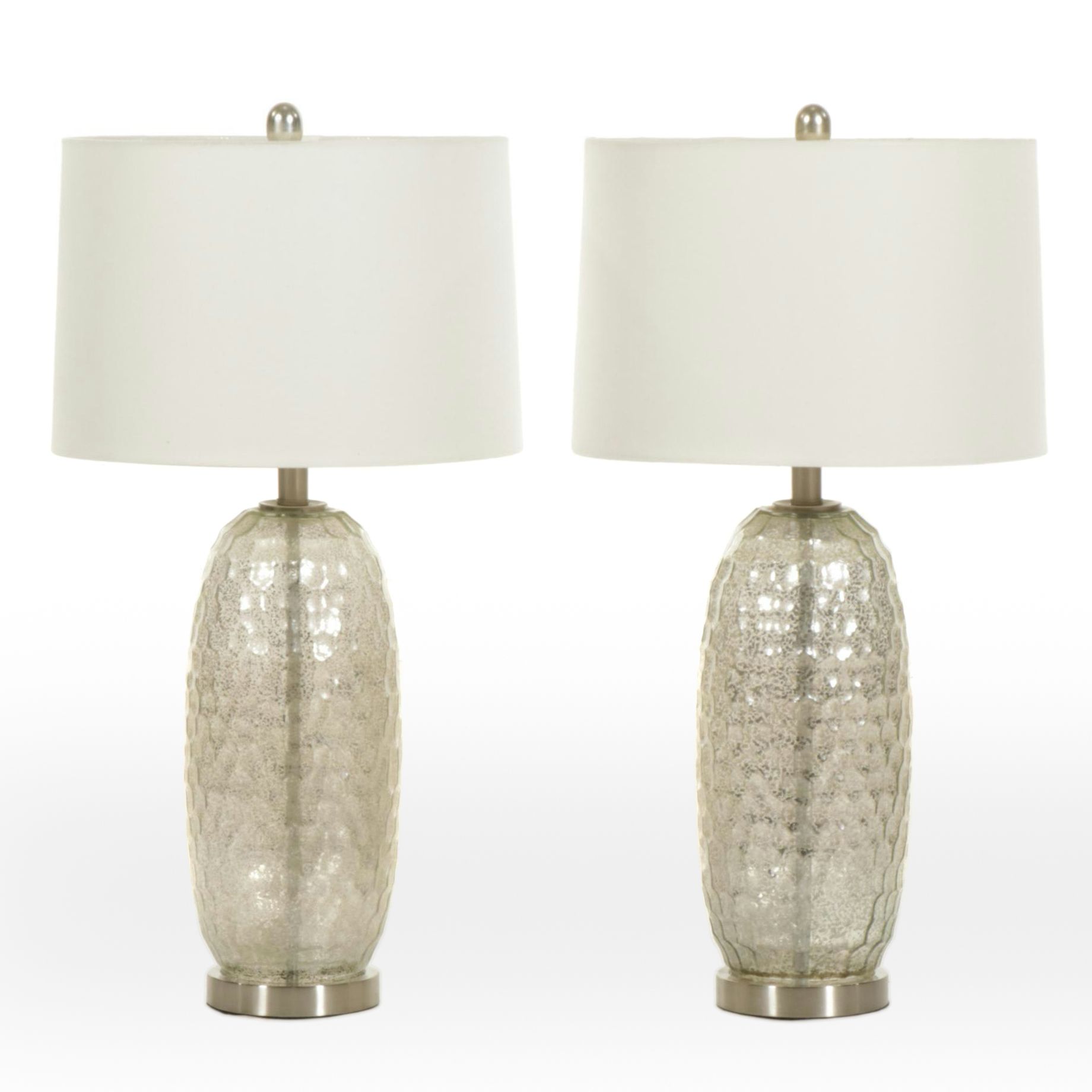 Pair of Dimpled Mercury Glass Table Lamps with Cotton Drum Shades