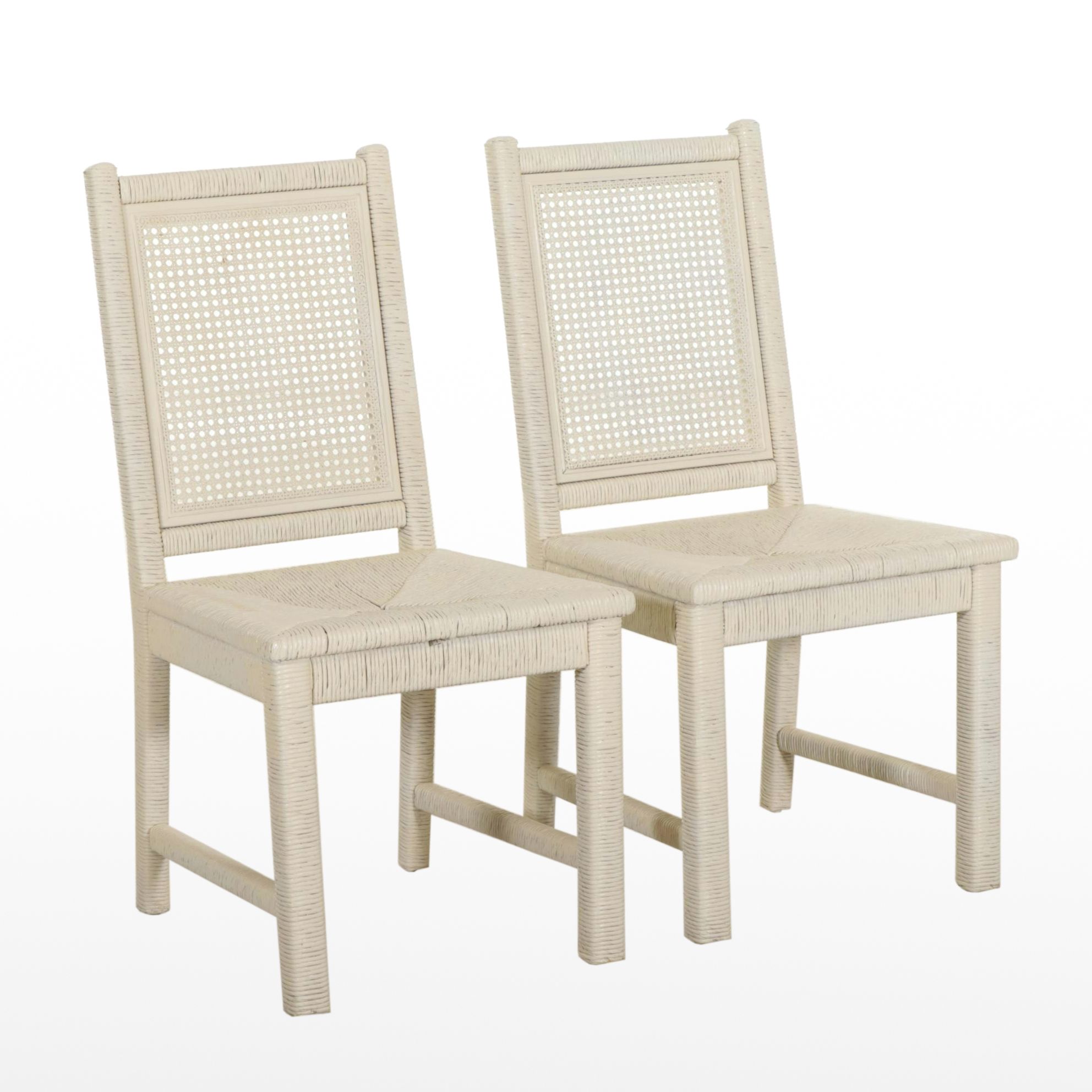 Pair of Painted Side Chairs with Paper Rush Wrap and  Seats and Woven Cane Backs