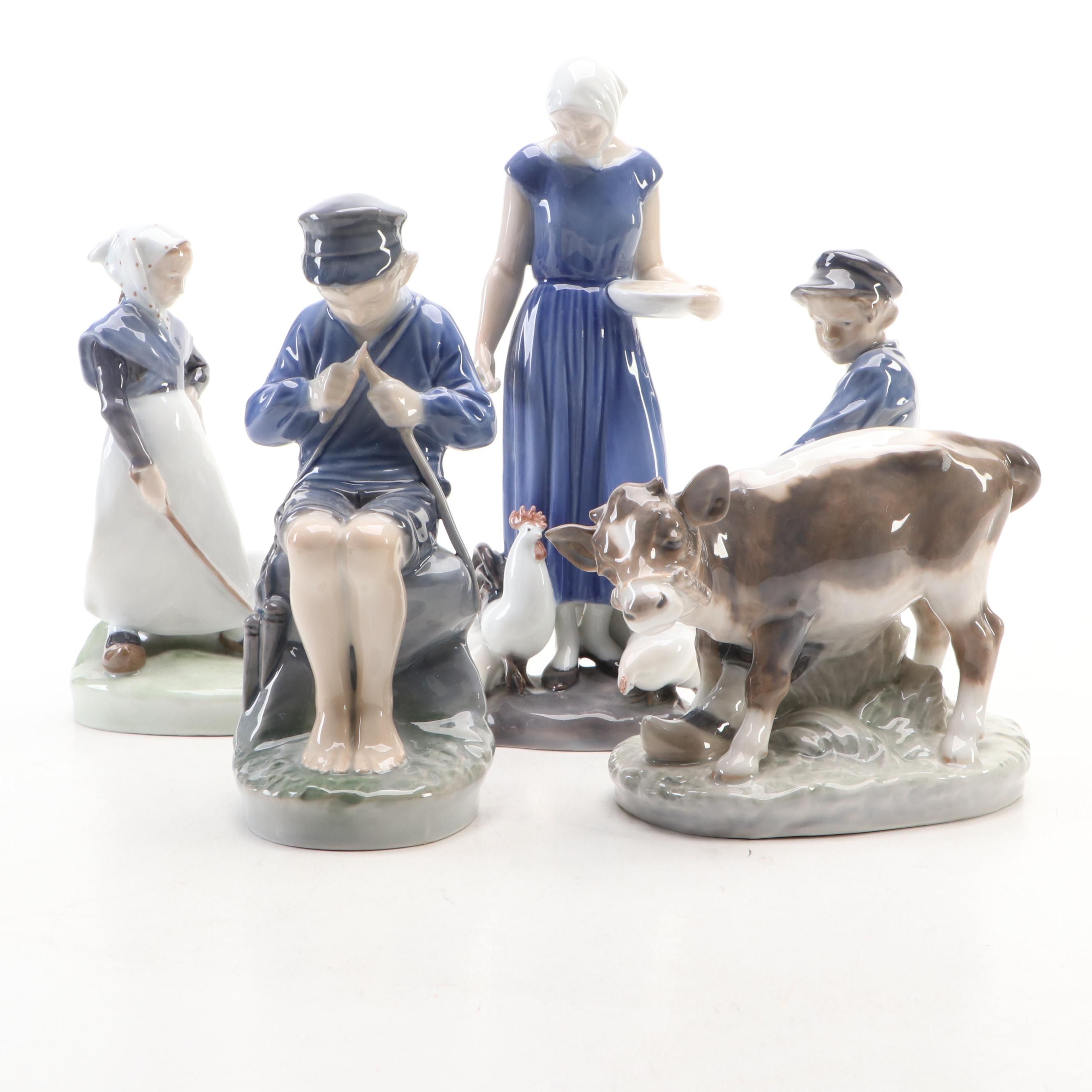 Royal Copenhagen Porcelain "Goose Girl," "Boy with Cow" and Other Figurines