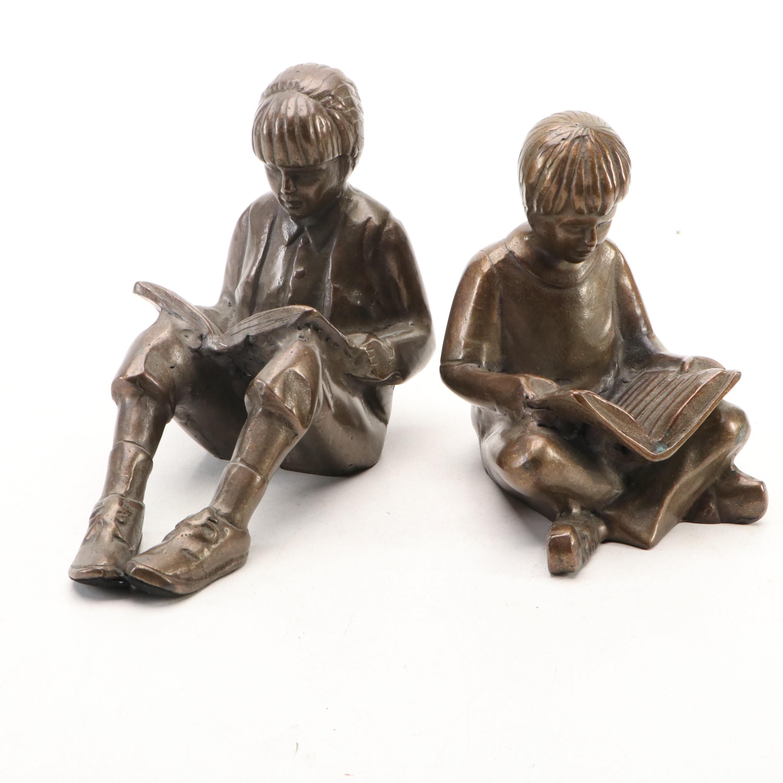 Bronze Figural Bookends of Girl and Boy Reading After Gary Lee Price