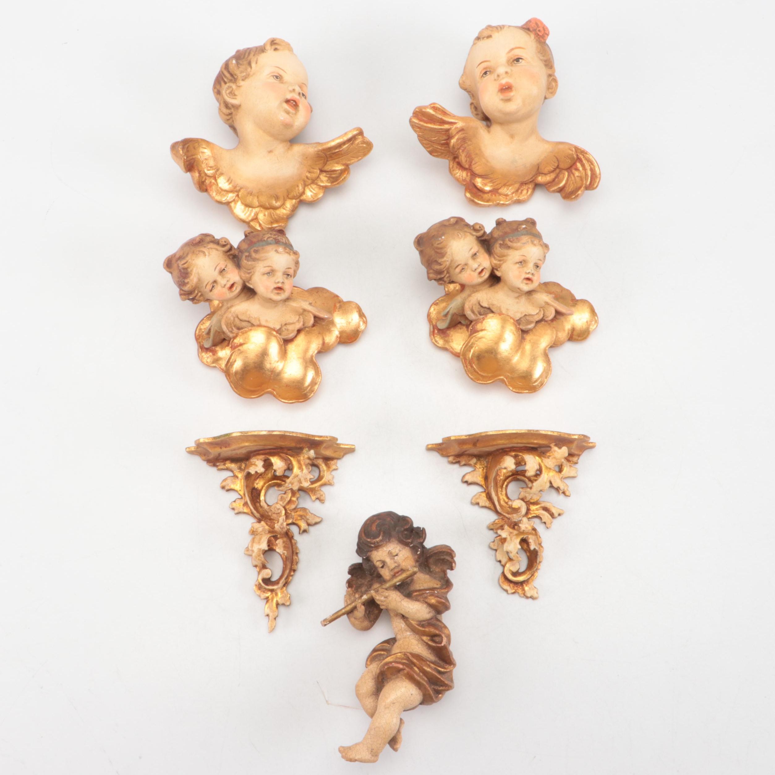Italian Rococo Style Ceramic Cherub Wall Décor with Gold Gilt Wood Mantles