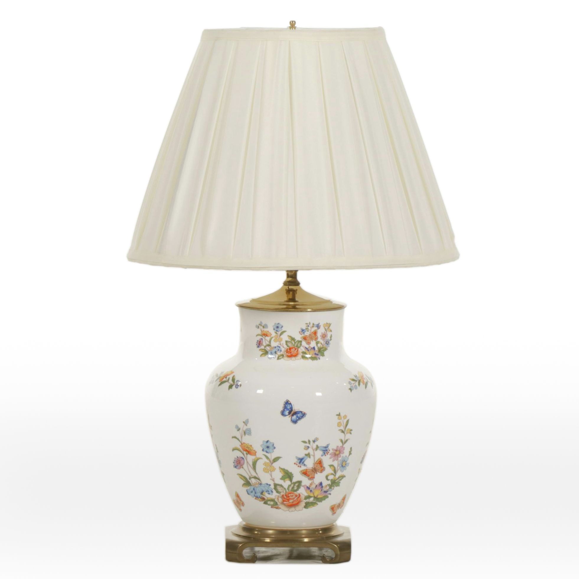 Chinese Porcelain Vase with Brass Base Table Lamp with Wide Pleat Shades