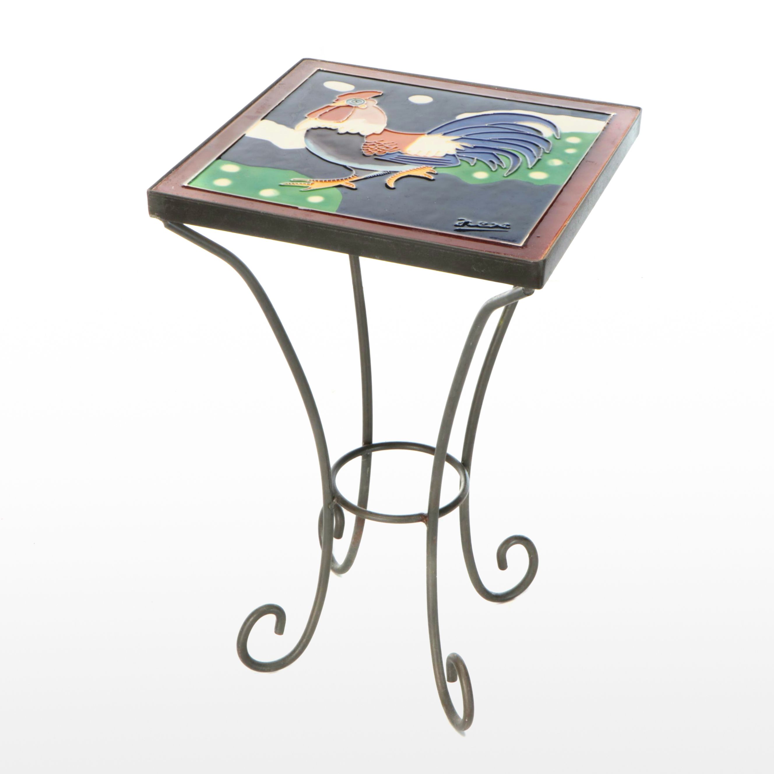 Rooster Ceramic Tile Top Wrought Metal Side Table