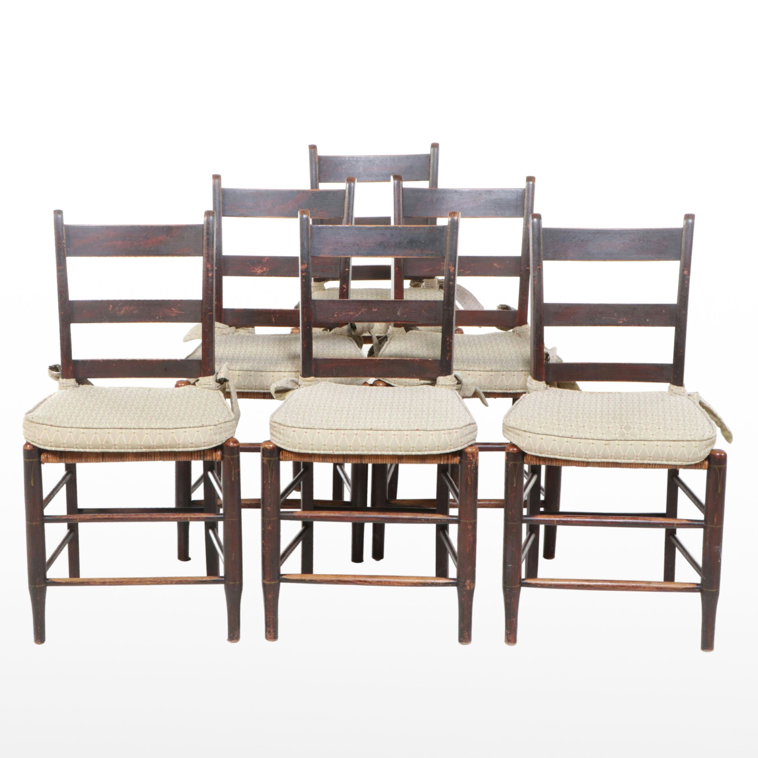 Set of Six American Primitive Painted Wood Dining Chairs with Woven Cane Seats