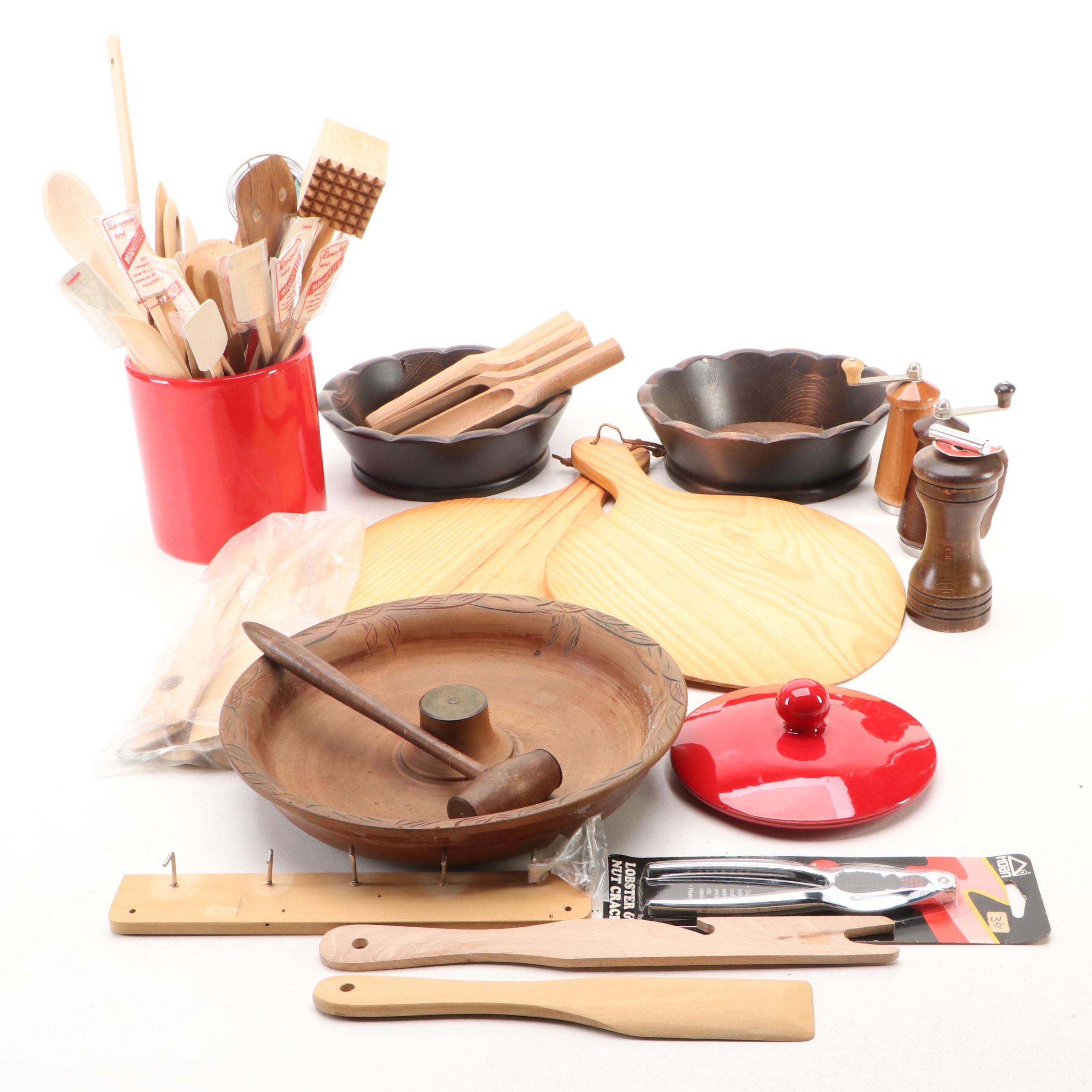 Mid Century Modern Style Carved Wood Nut Bowl with Mallet and Other Kitchenware
