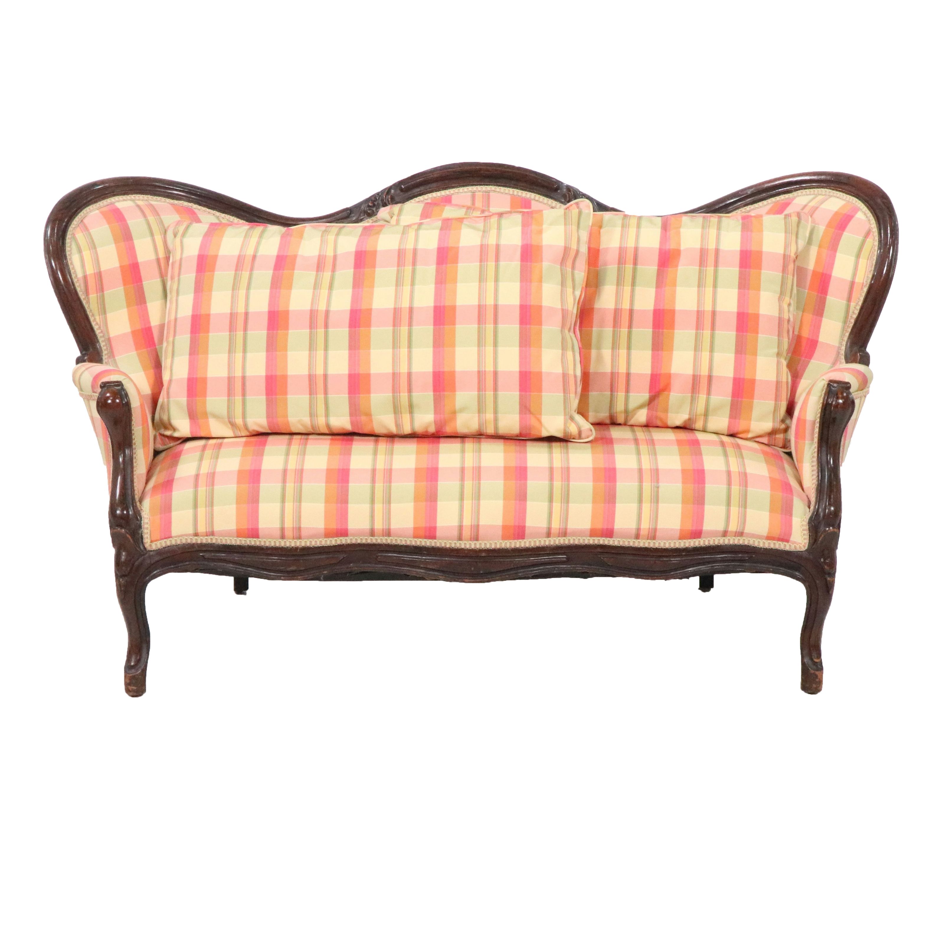 Victorian Style Plaid Fabric Upholstered Carved Walnut Loveseat