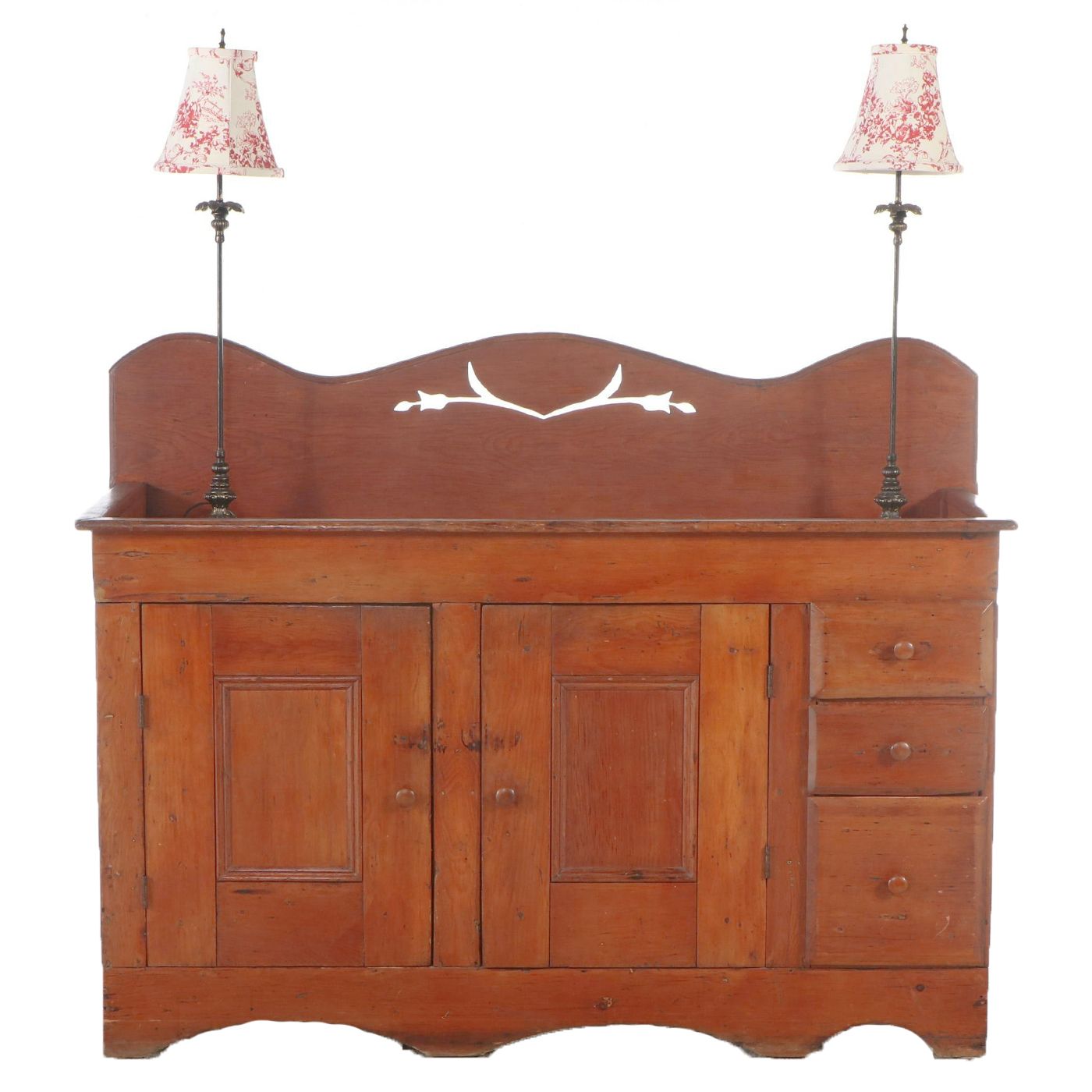 Handmade New Hampshire Pine Dry Sink, circa 1850, with Pair of Banquet Lamps
