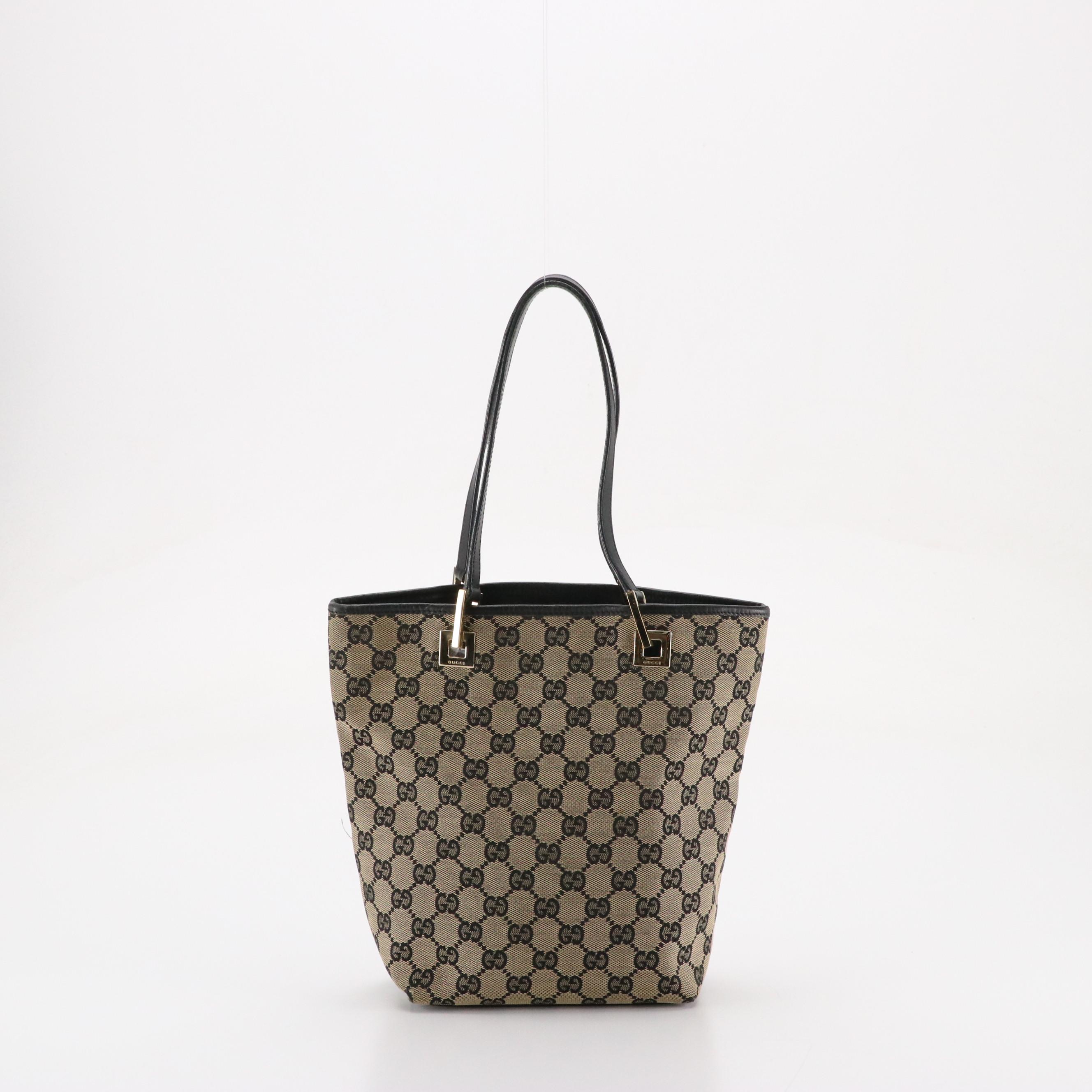 Gucci Small Bucket Tote in GG Canvas and Navy Calfskin Leather Trim