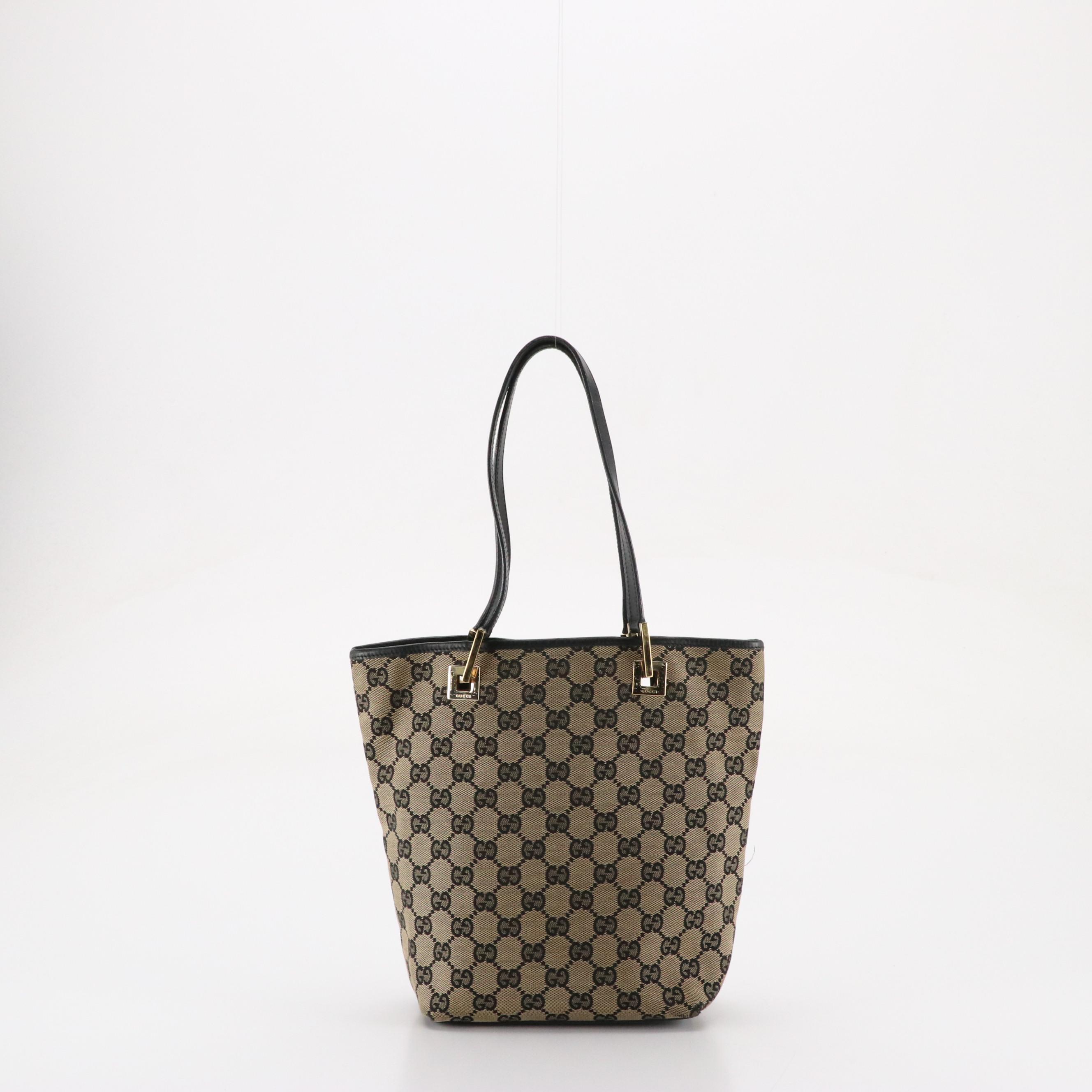 Gucci Small Bucket Tote in GG Canvas and Navy Calfskin Leather Trim