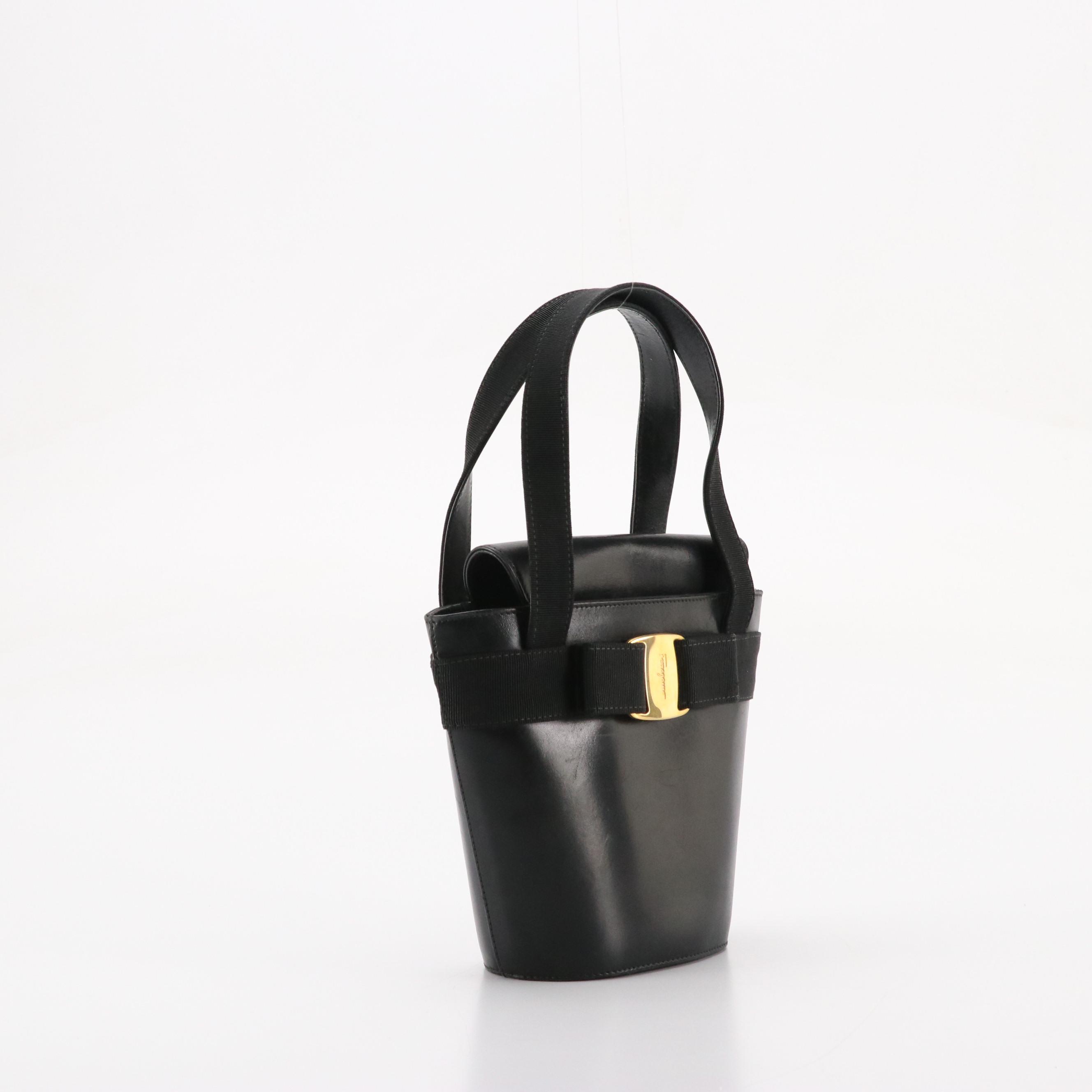 Salvatore Ferragamo Vara Bow Bucket Handbag in Black Leather