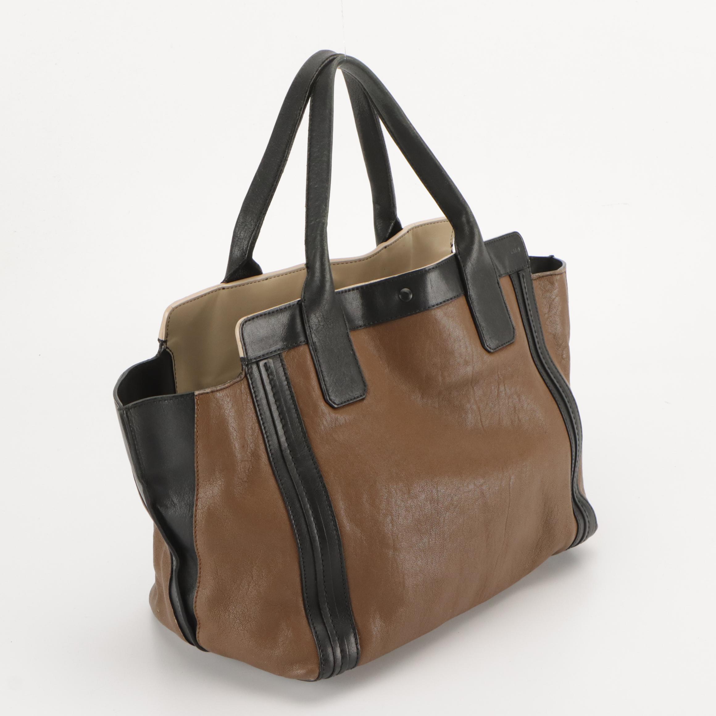 Chloé Alison East-West Tote Bag in Dark Brown Goatskin & Black Calfskin Leather