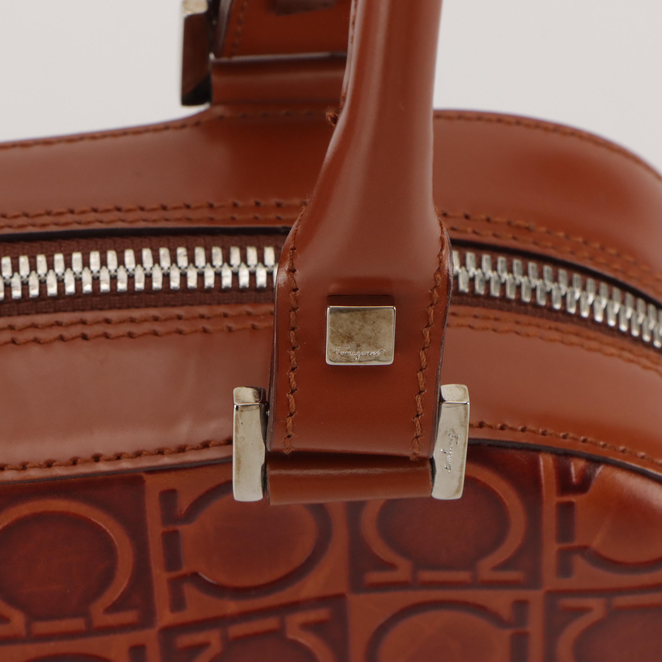Salvatore Ferragamo Bowler Shoulder Bag in Rust Gancini Embossed Leather