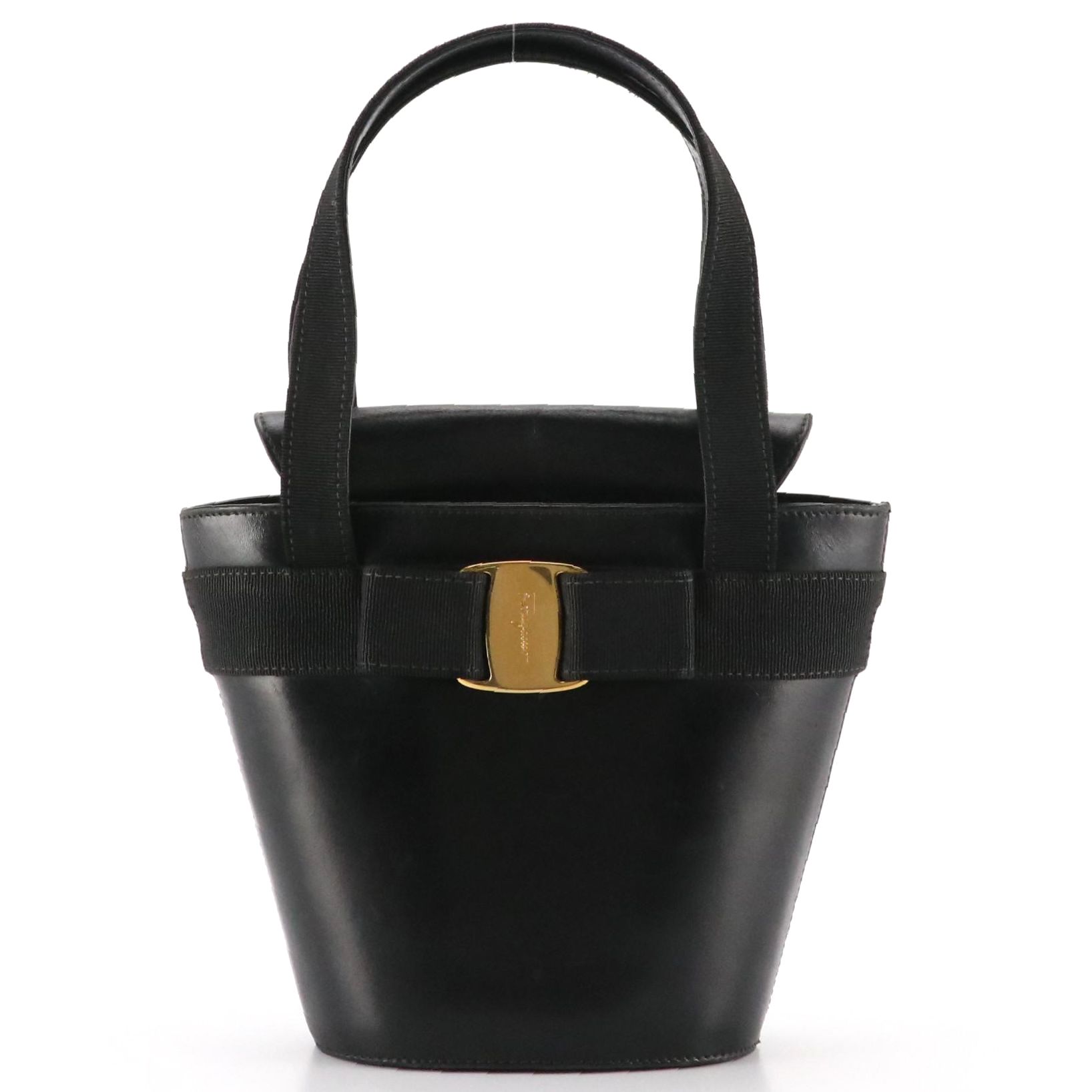 Salvatore Ferragamo Vara Bow Bucket Handbag in Black Leather