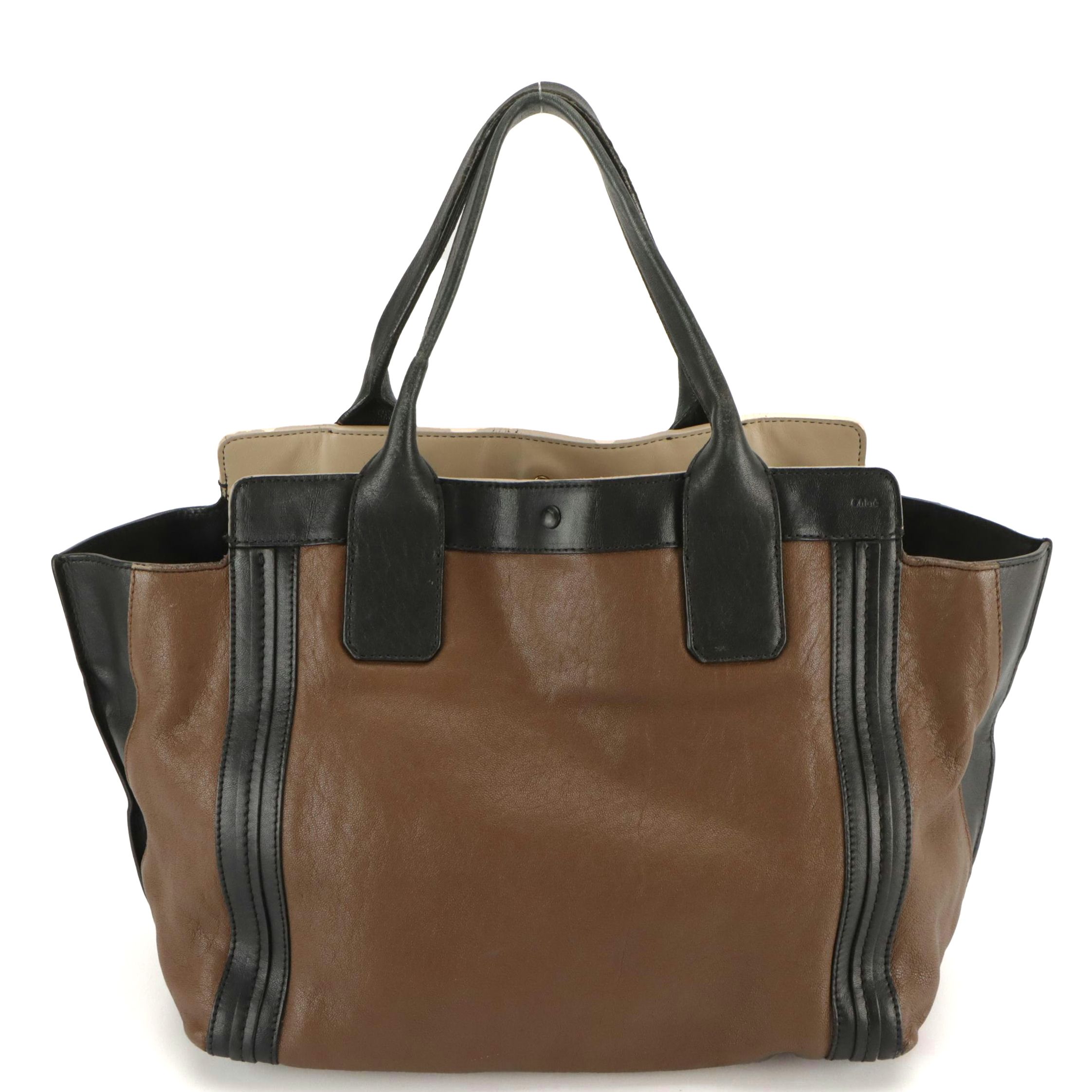 Chloé Alison East-West Tote Bag in Dark Brown Goatskin & Black Calfskin Leather