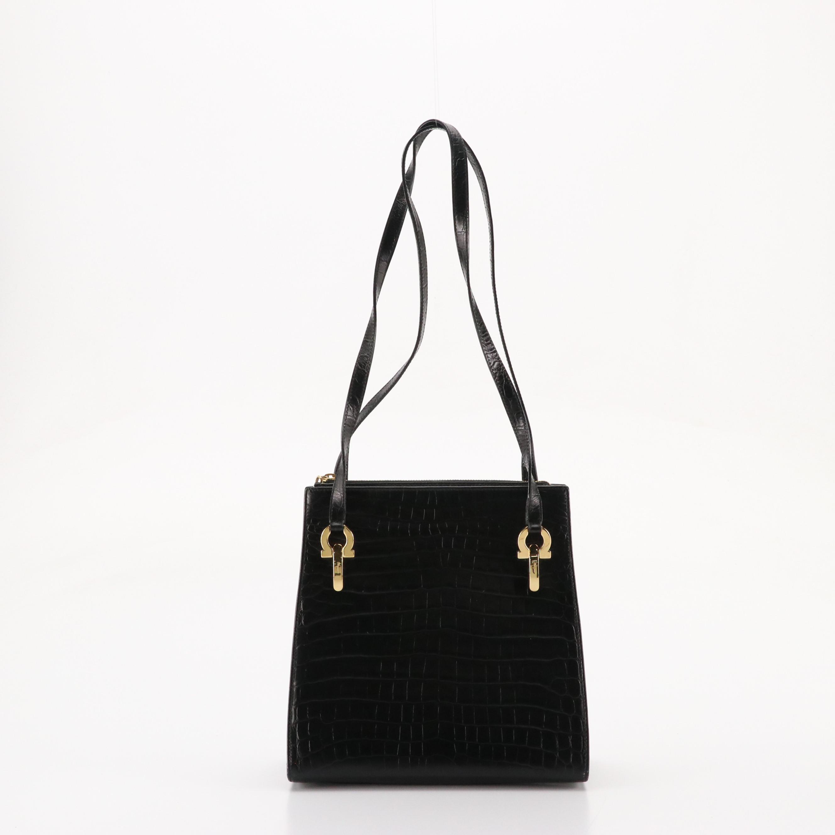 Salvatore Ferragamo Zippered Shoulder Bag in Black Croc Embossed Leather