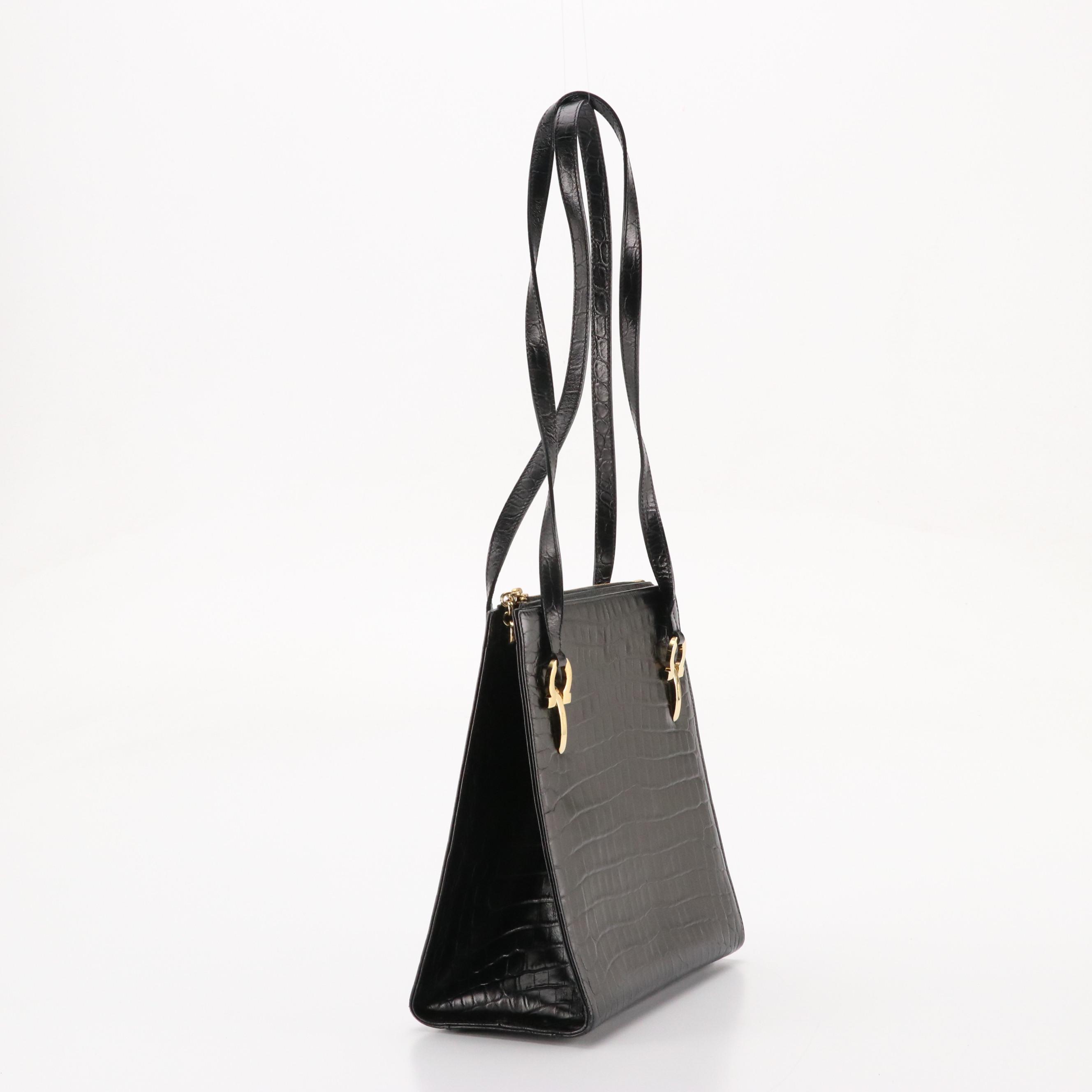 Salvatore Ferragamo Zippered Shoulder Bag in Black Croc Embossed Leather