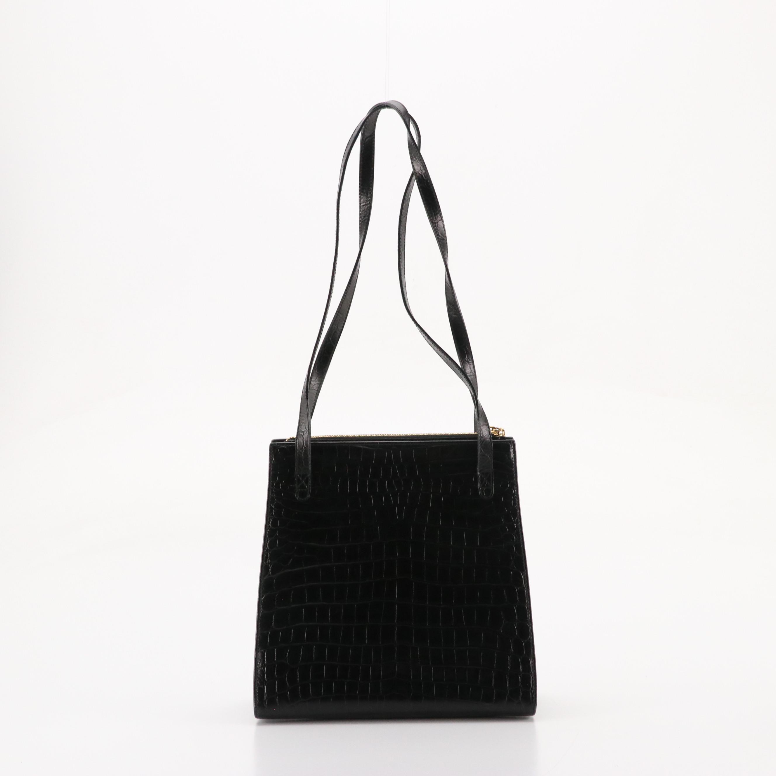 Salvatore Ferragamo Zippered Shoulder Bag in Black Croc Embossed Leather