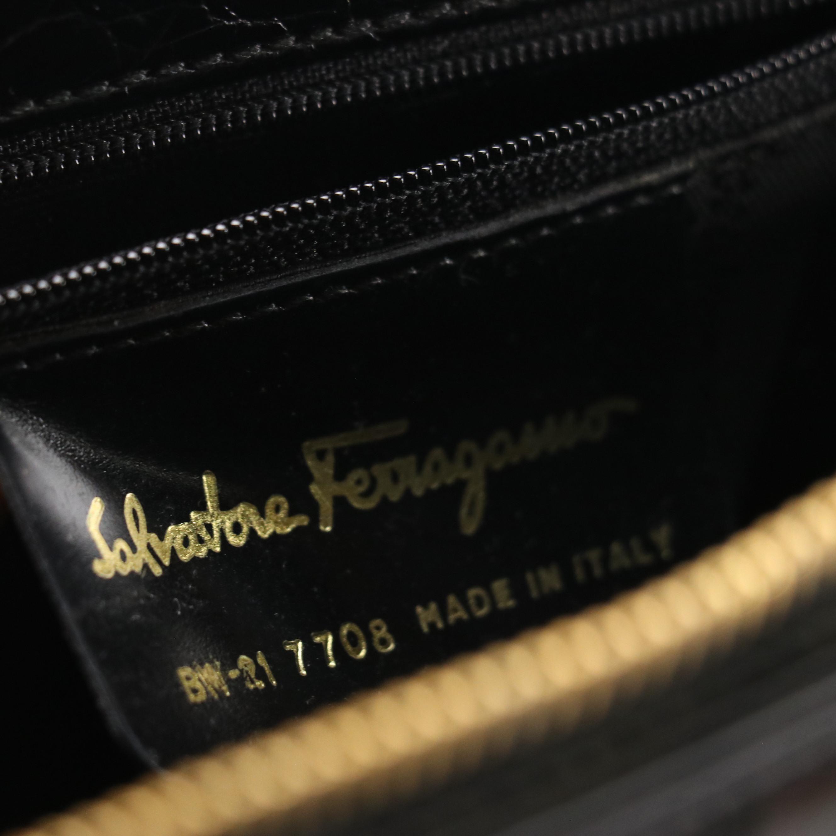 Salvatore Ferragamo Zippered Shoulder Bag in Black Croc Embossed Leather