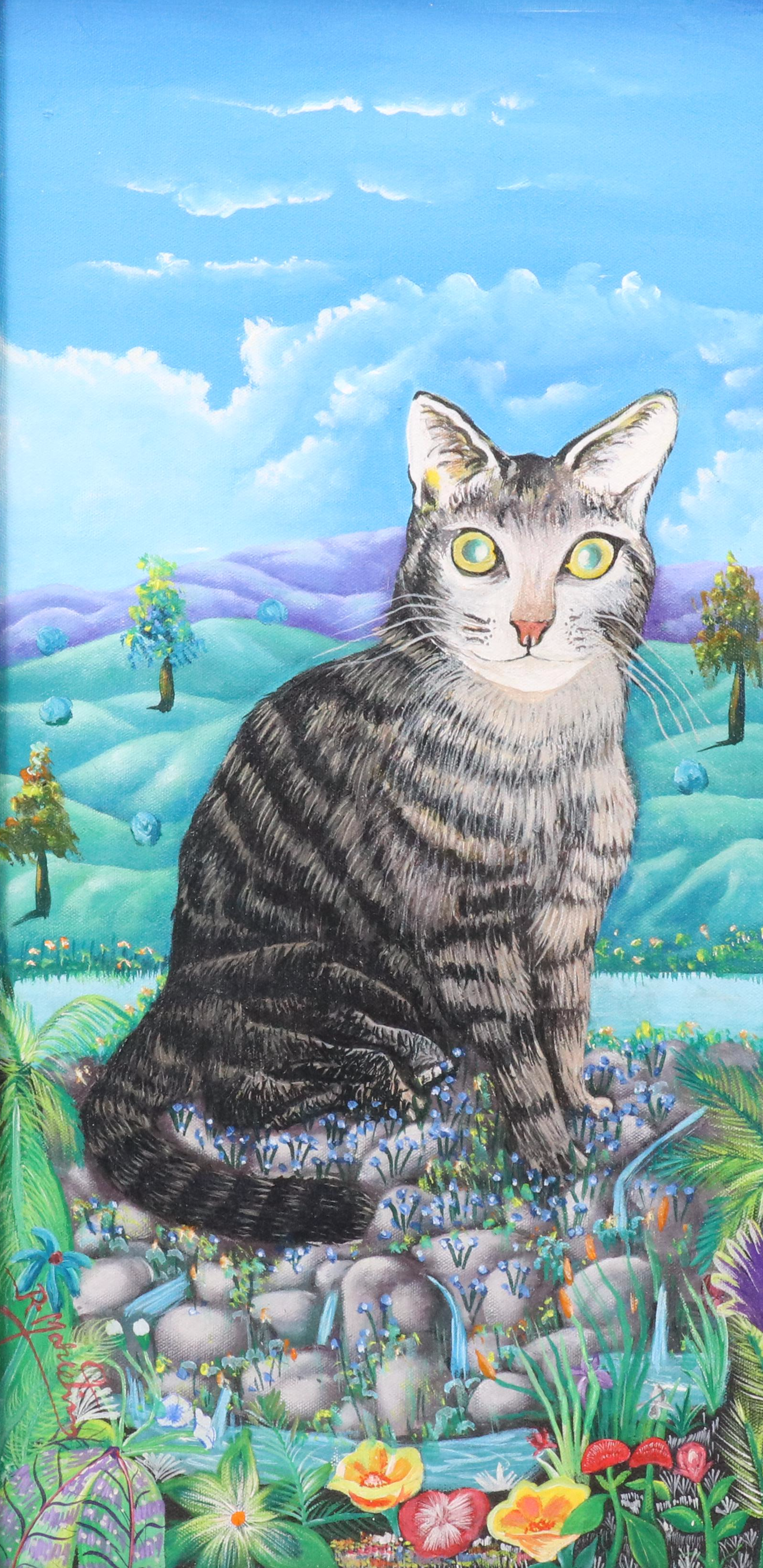 Surrealist Acrylic Painting of Cat in Vibrant Landscape