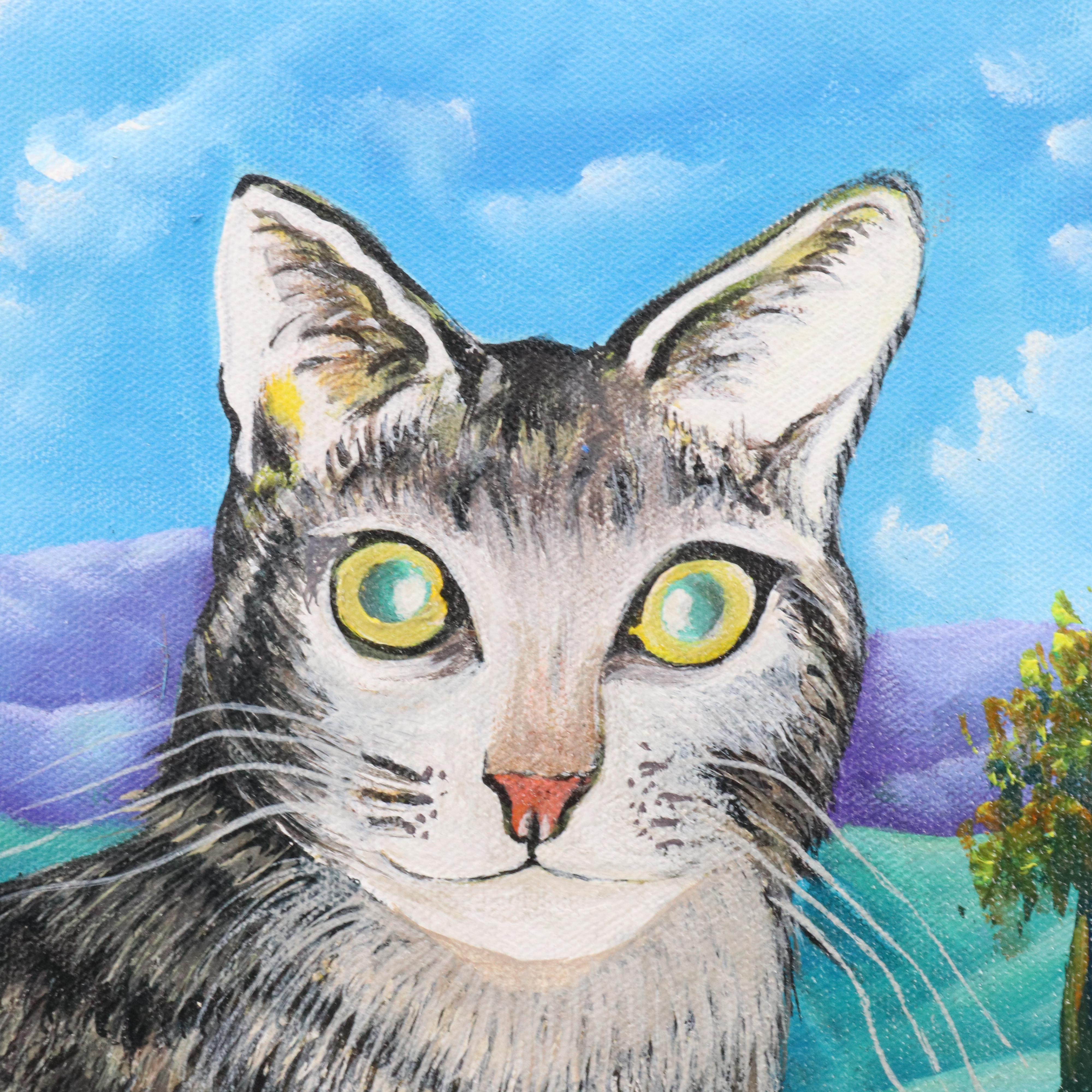 Surrealist Acrylic Painting of Cat in Vibrant Landscape