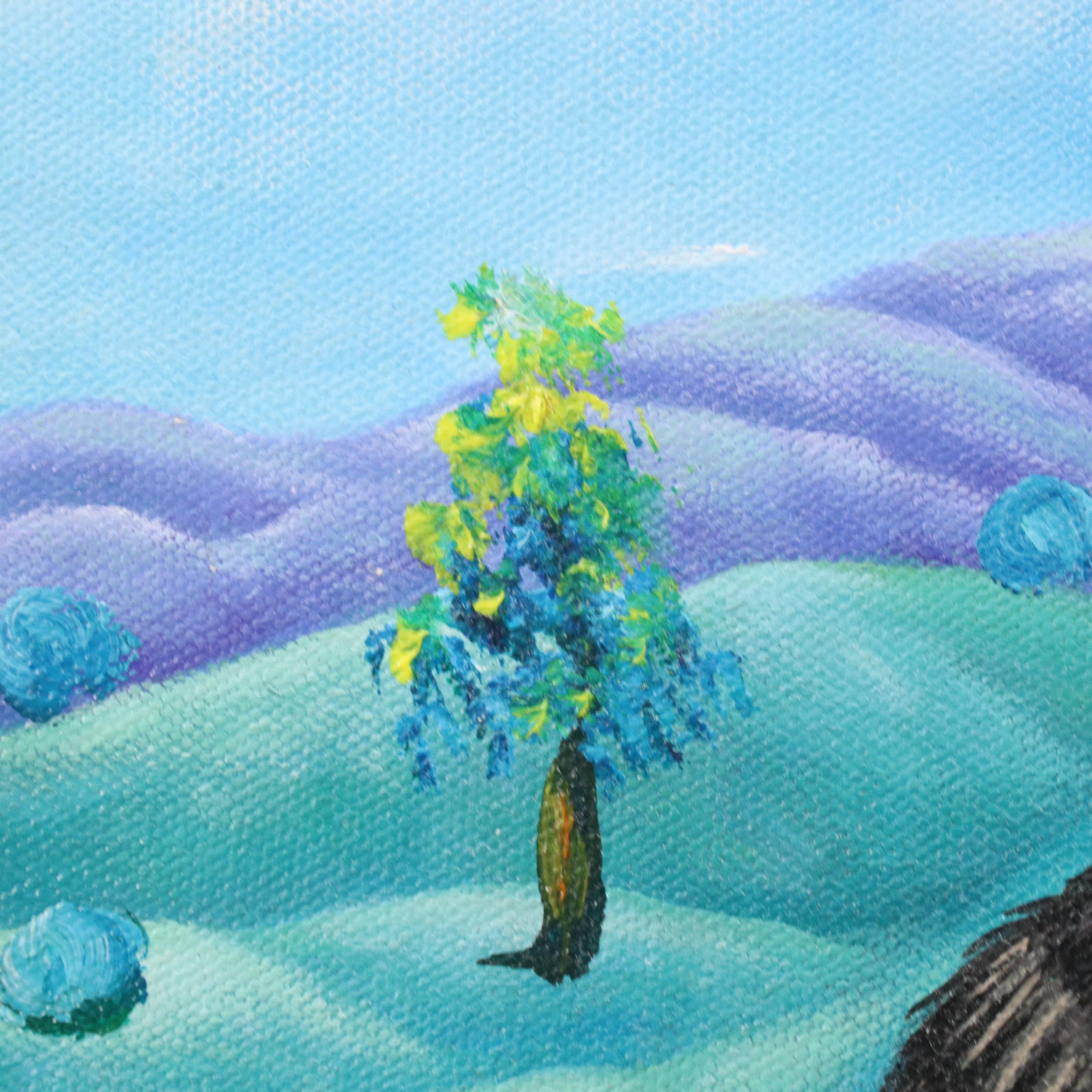 Surrealist Acrylic Painting of Cat in Vibrant Landscape
