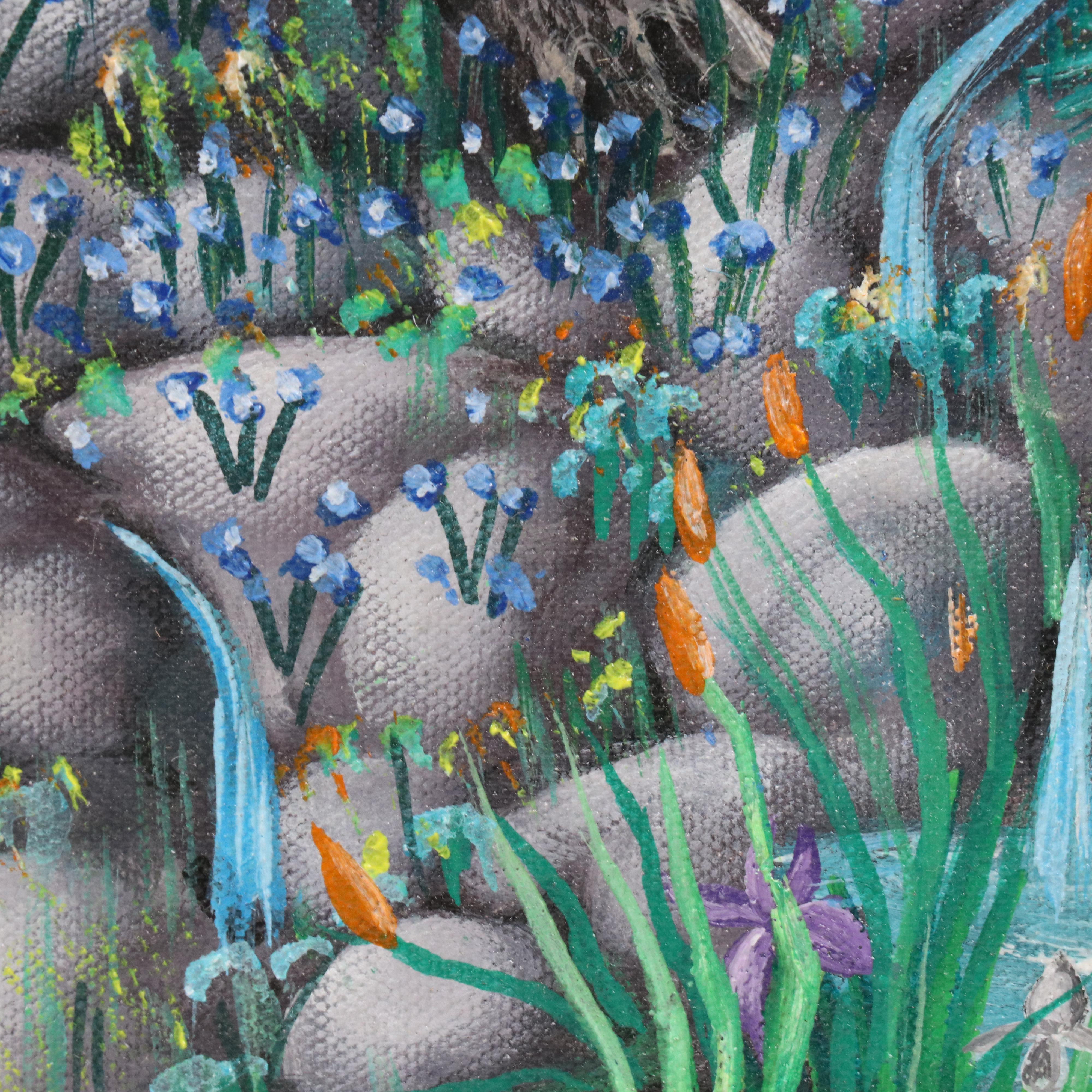 Surrealist Acrylic Painting of Cat in Vibrant Landscape