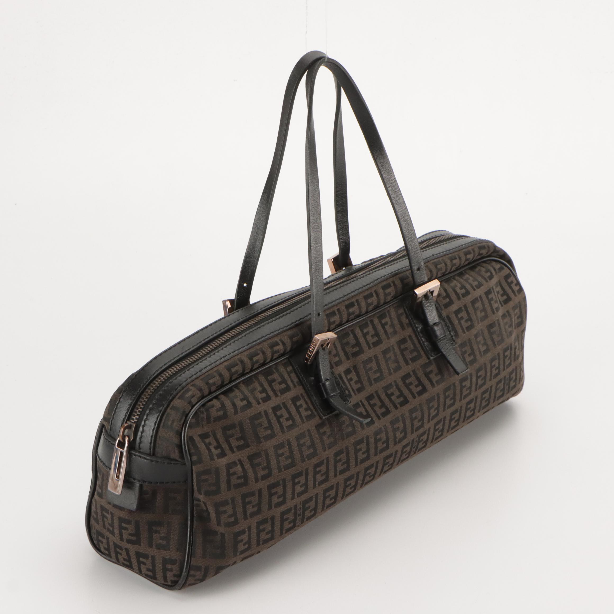 Fendi Bowler Handbag in Tobacco Zucca Canvas and Black Leather Trim