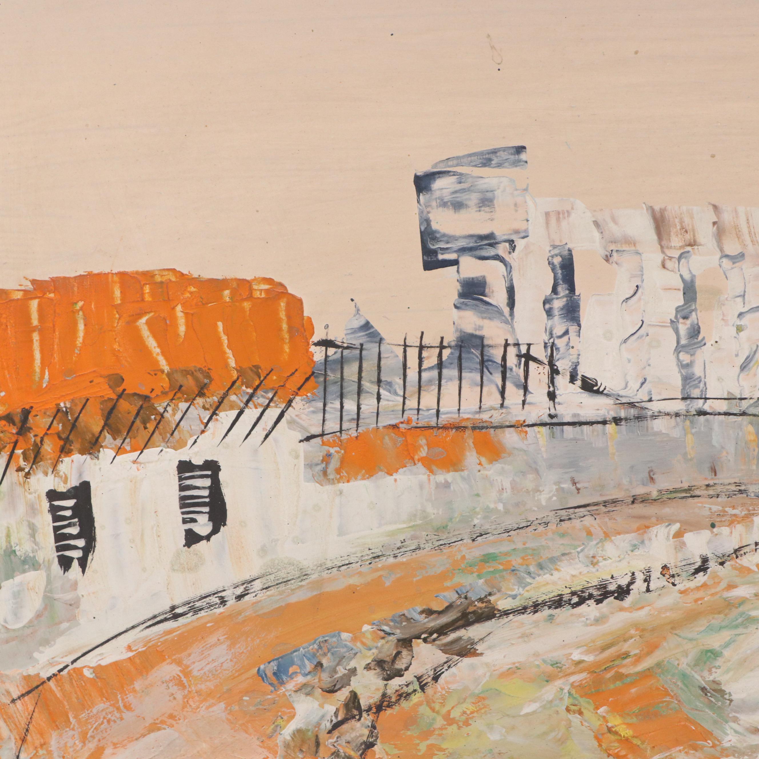 Impasto Stylized Oil Painting of Neighborhood Street Scene, 20th Century