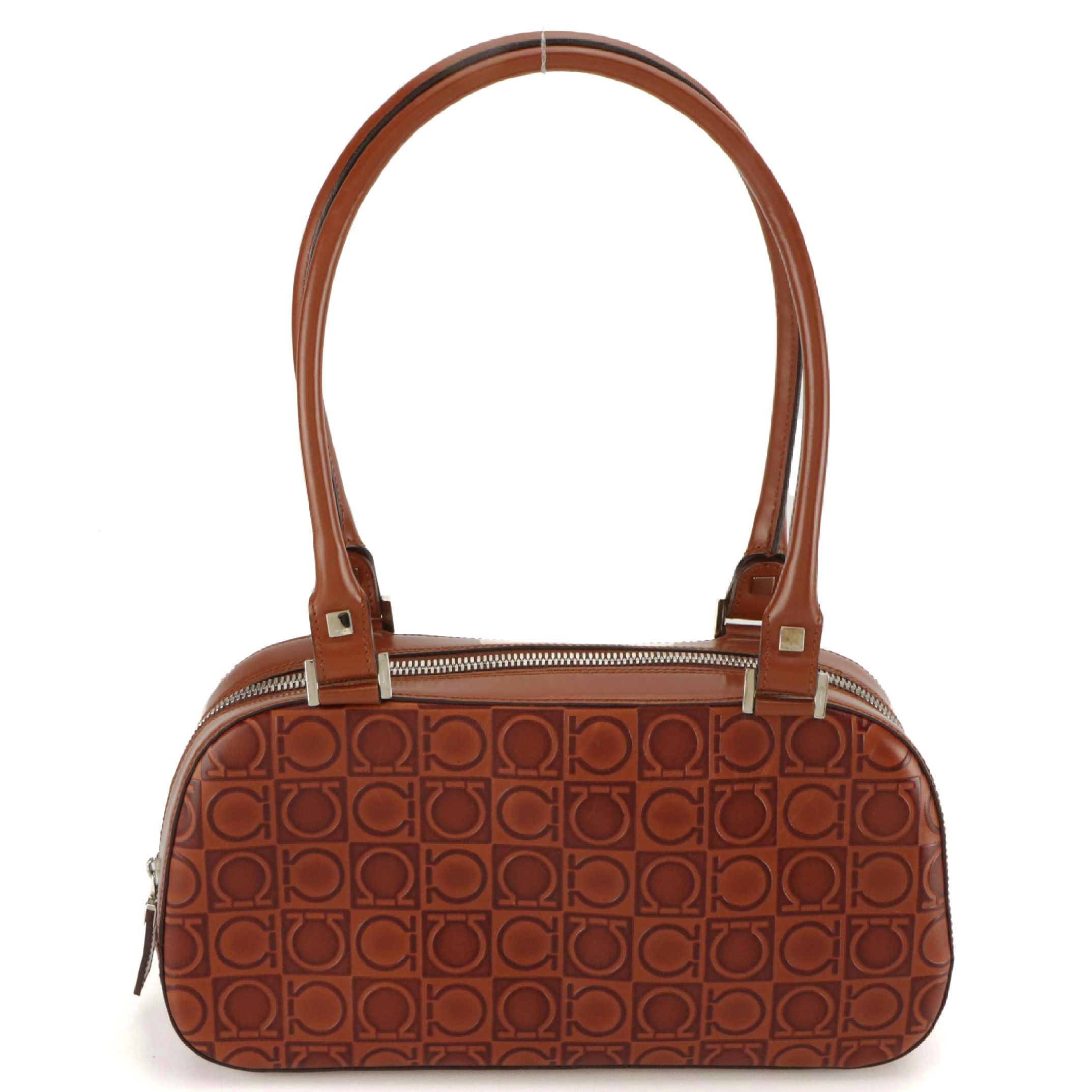 Salvatore Ferragamo Bowler Shoulder Bag in Rust Gancini Embossed Leather