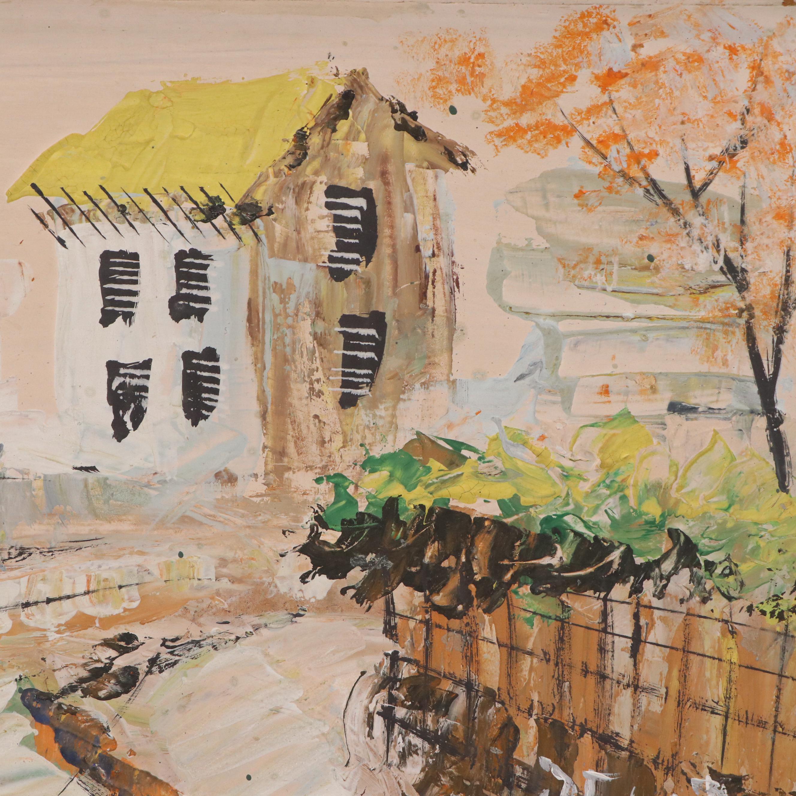 Impasto Stylized Oil Painting of Neighborhood Street Scene, 20th Century