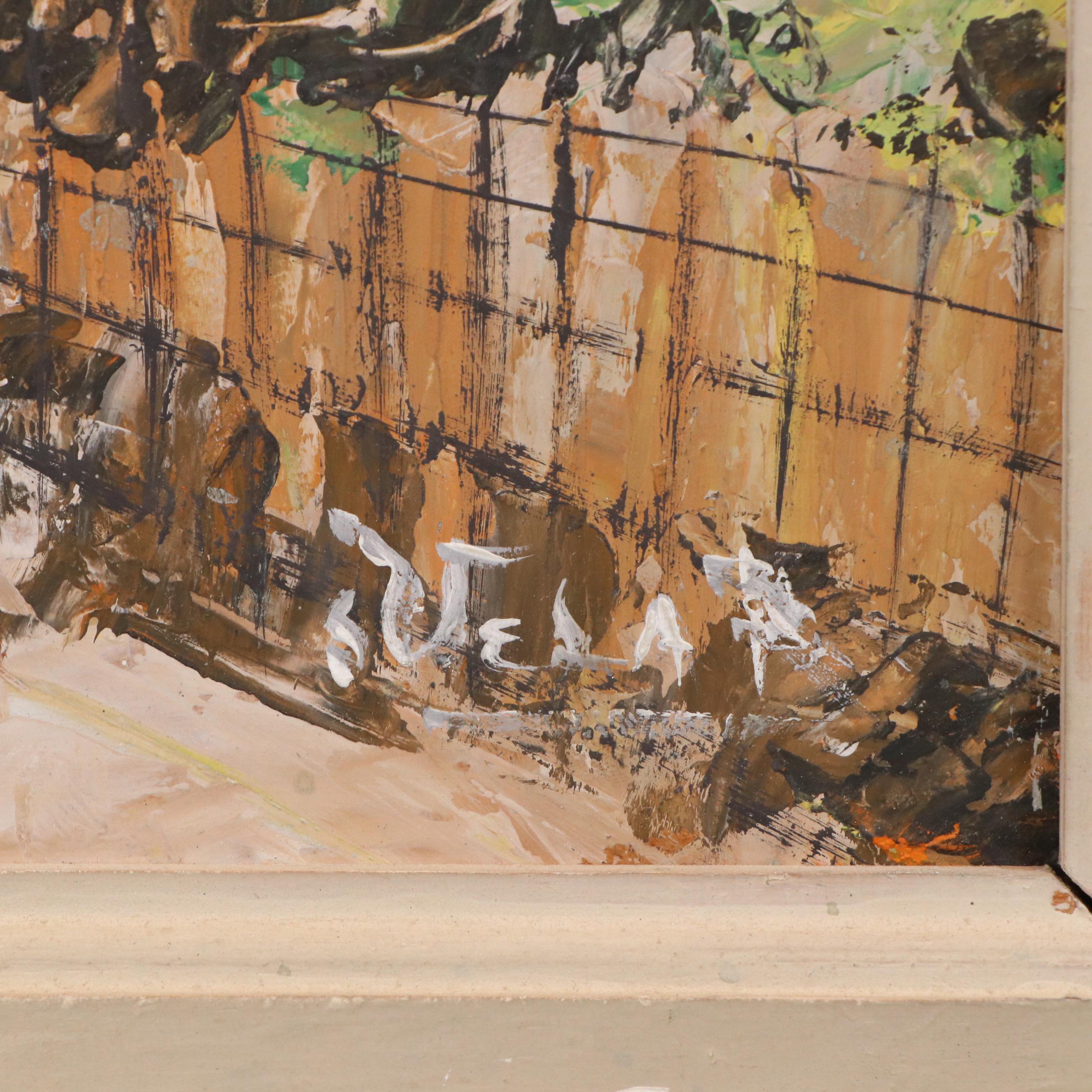 Impasto Stylized Oil Painting of Neighborhood Street Scene, 20th Century