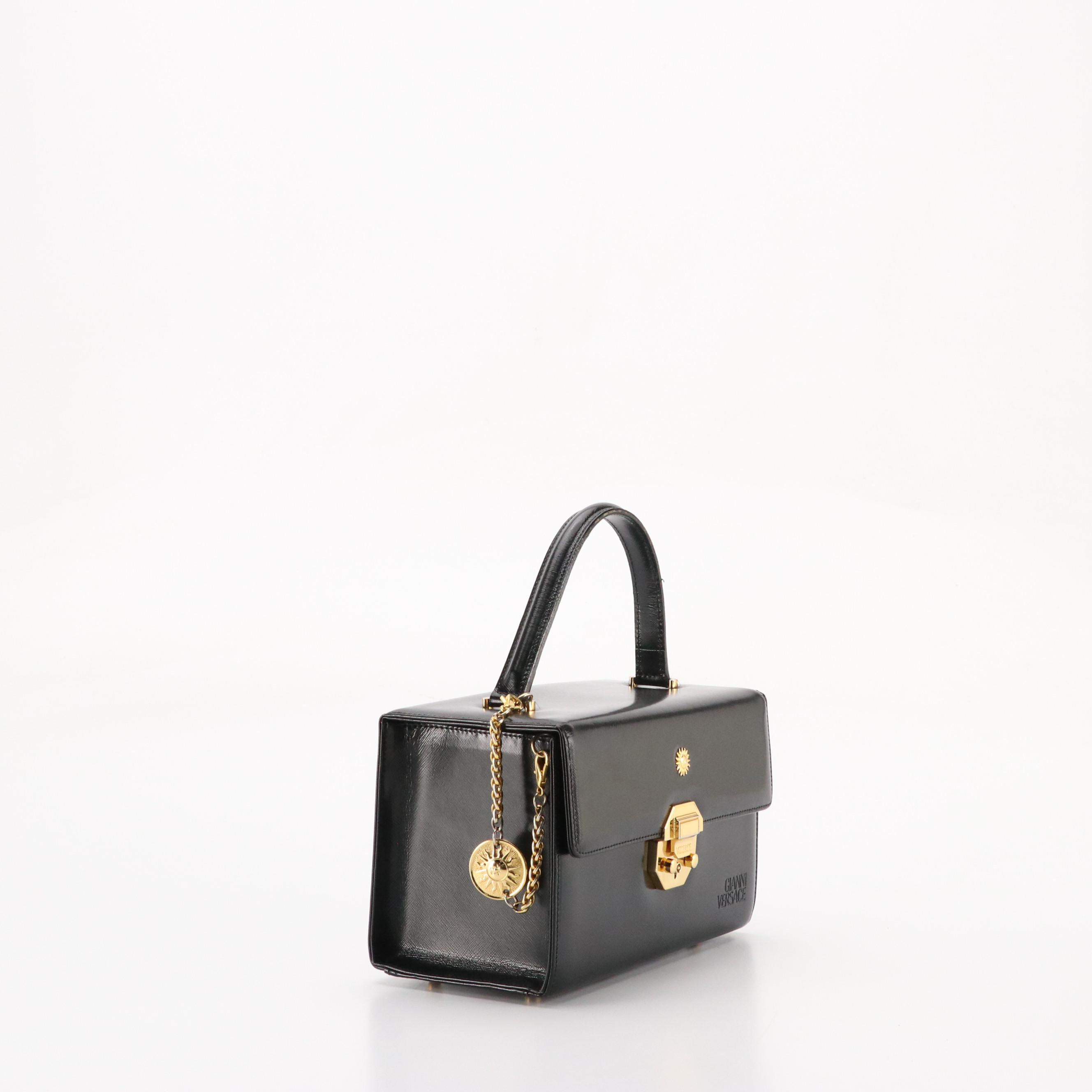 Gianni Versace Square Sundance Top Handle Vanity Bag in Black Textured Leather