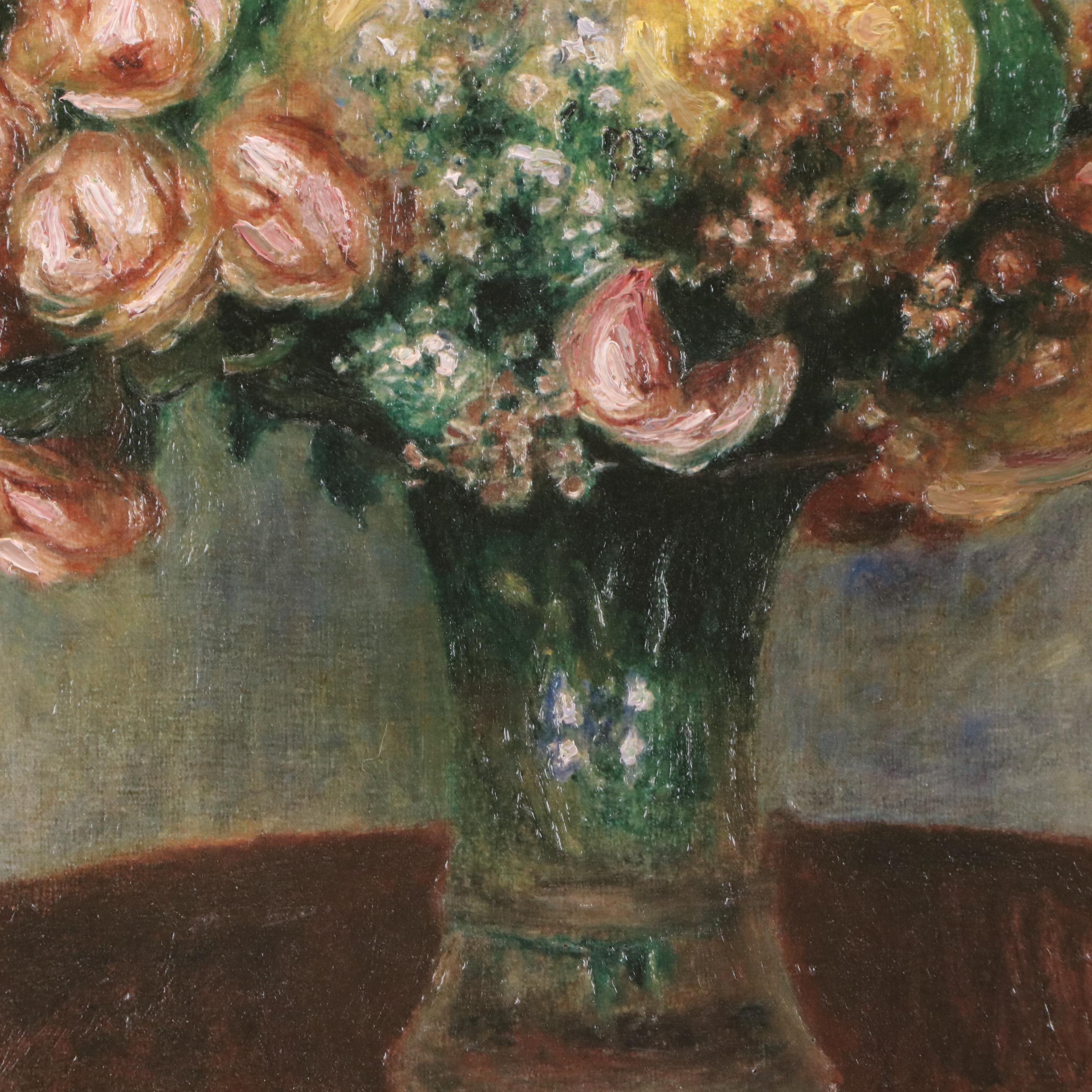 Hand-Painted Offset Lithograph After Renoir "Flowers in a Vase," 1998