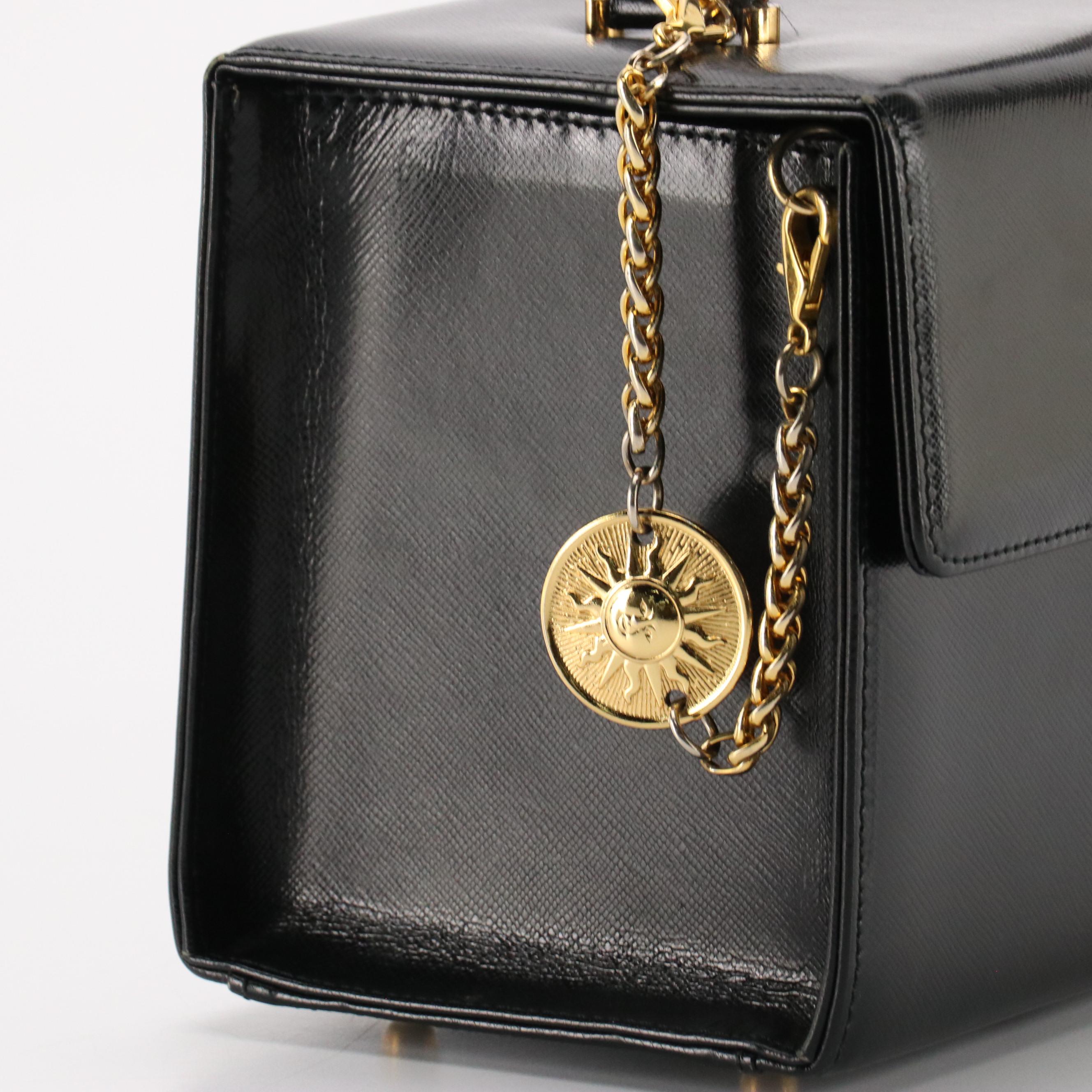 Gianni Versace Square Sundance Top Handle Vanity Bag in Black Textured Leather