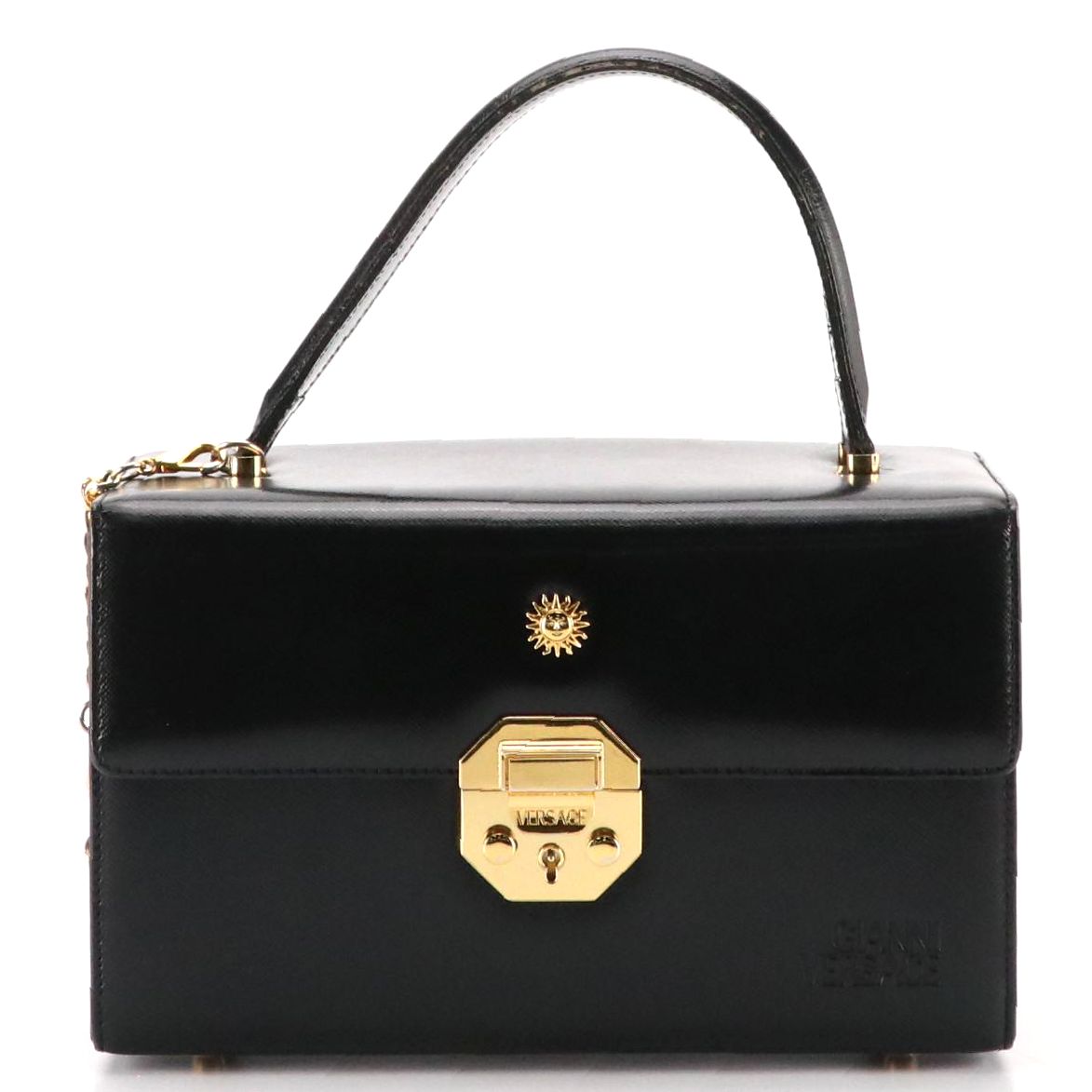 Gianni Versace Square Sundance Top Handle Vanity Bag in Black Textured Leather