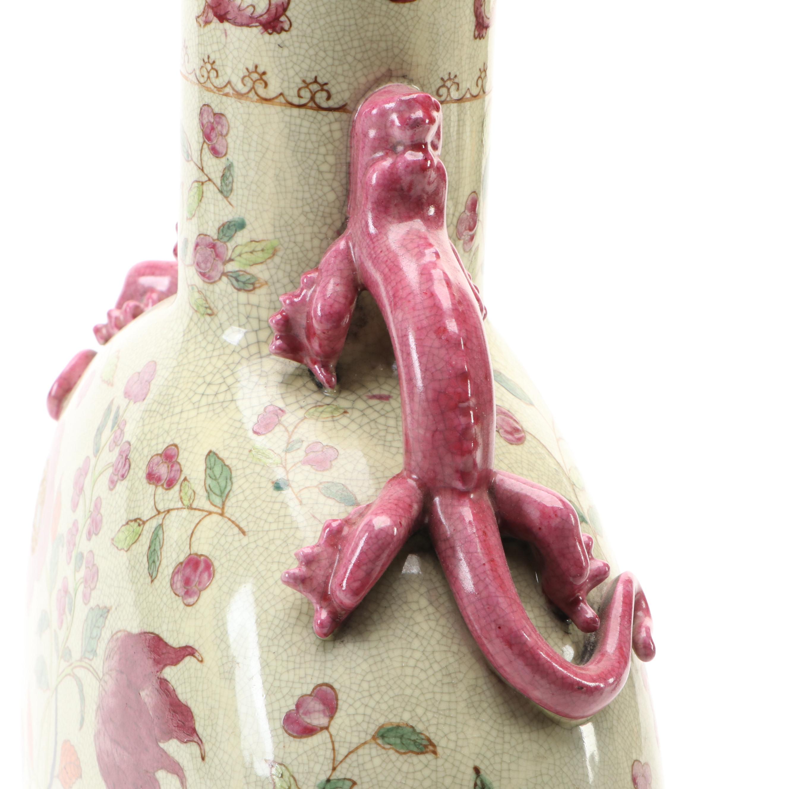 Gump's Green and Burgundy Ceramic Vases with Chinese Dragon Handled Vase