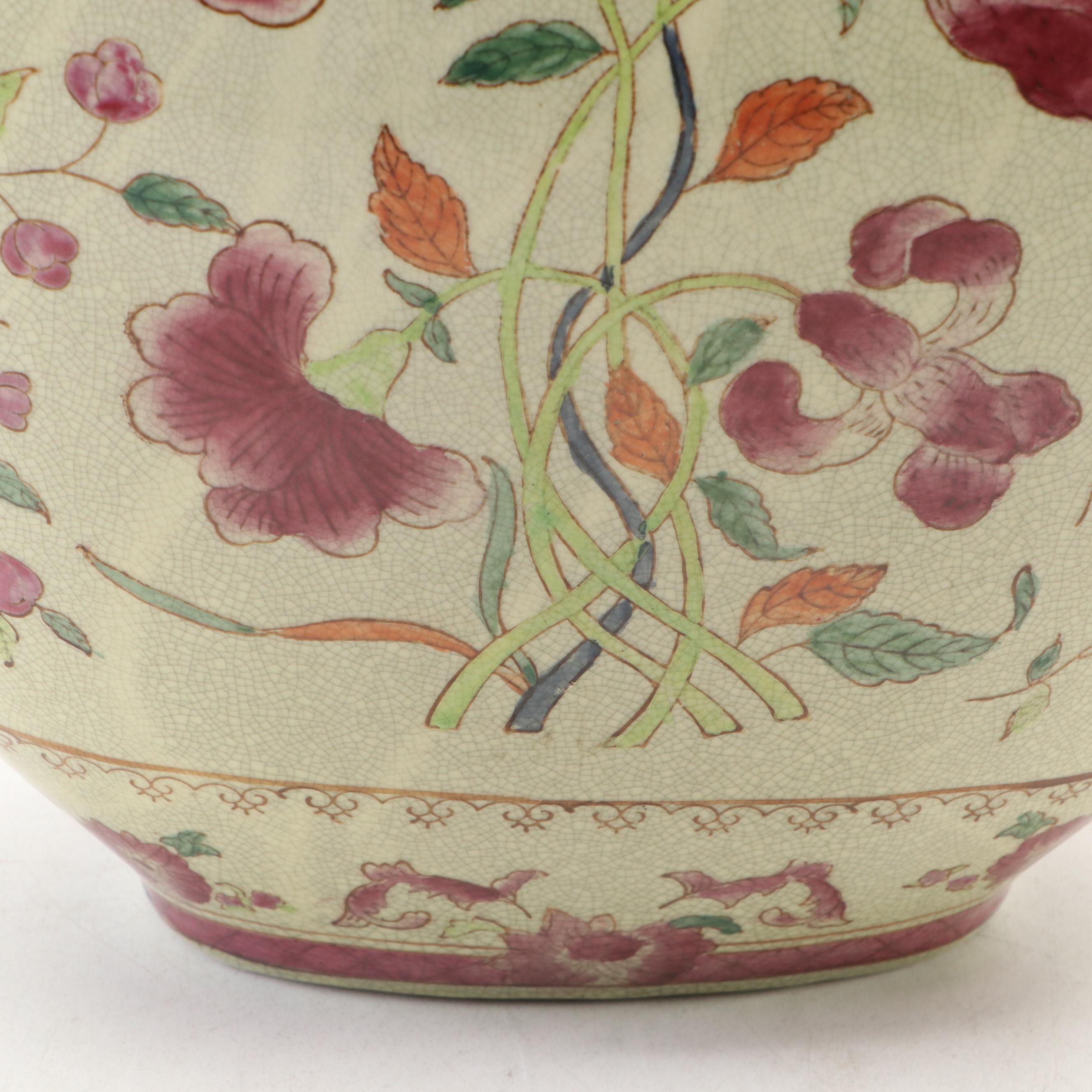 Gump's Green and Burgundy Ceramic Vases with Chinese Dragon Handled Vase