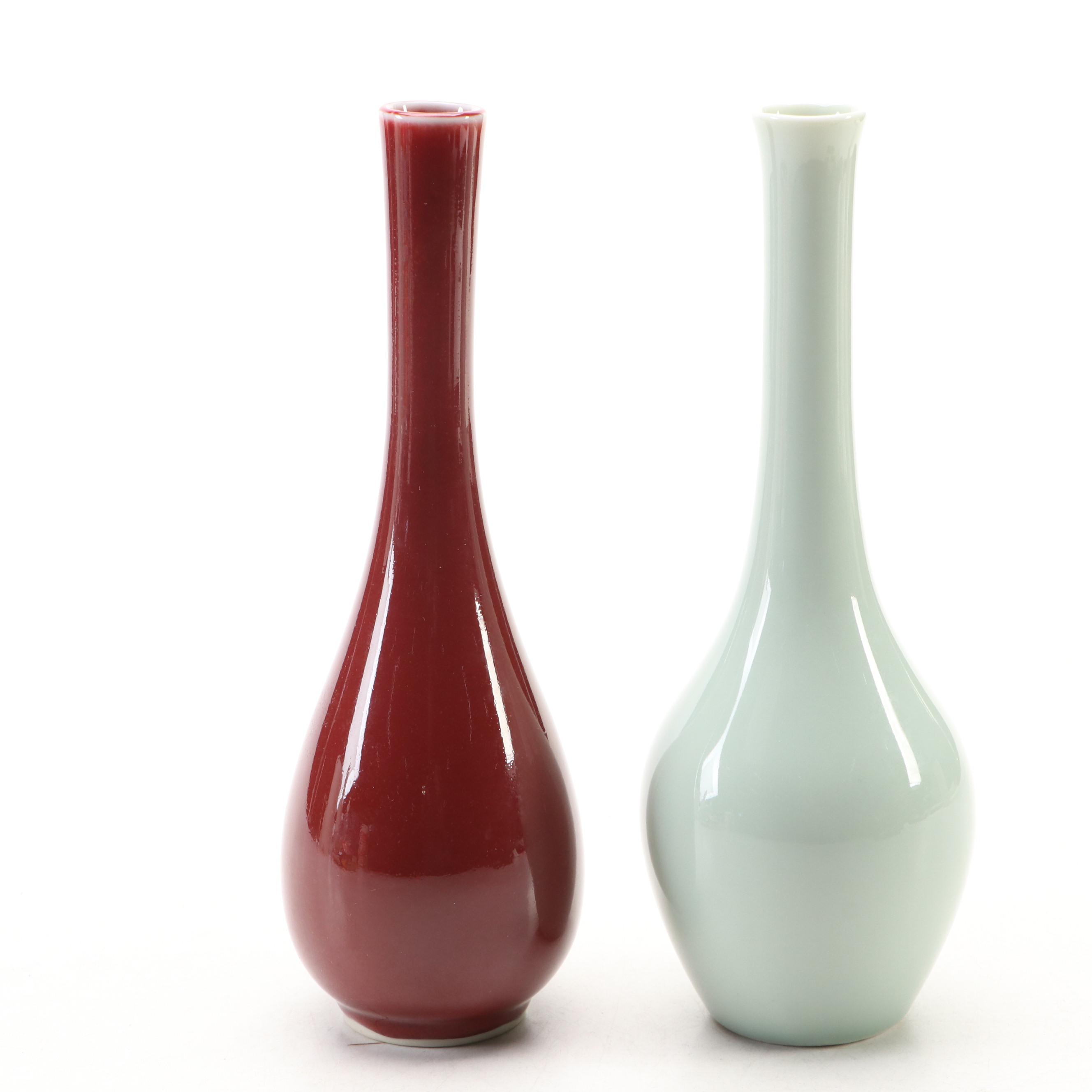 Gump's Green and Burgundy Ceramic Vases with Chinese Dragon Handled Vase