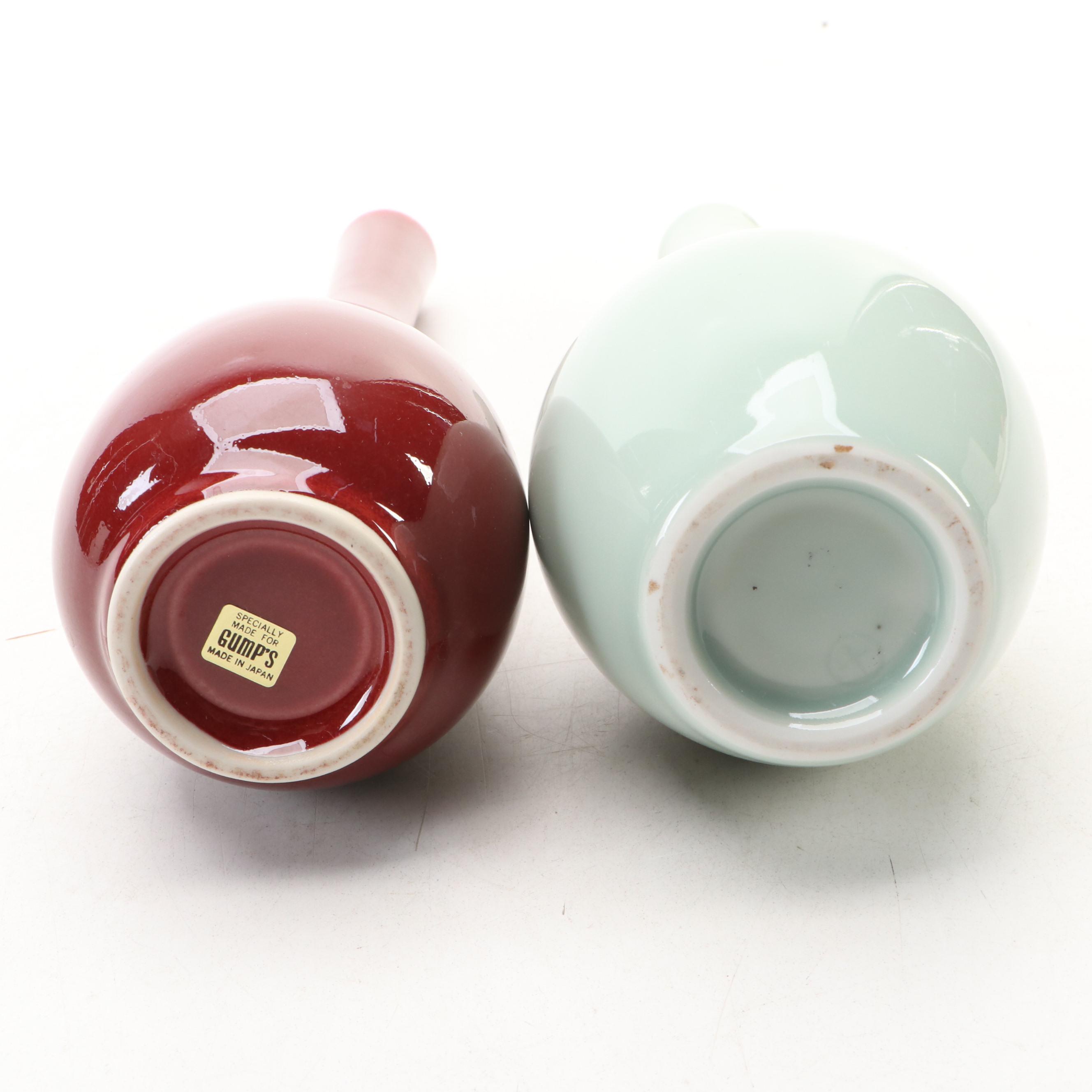 Gump's Green and Burgundy Ceramic Vases with Chinese Dragon Handled Vase