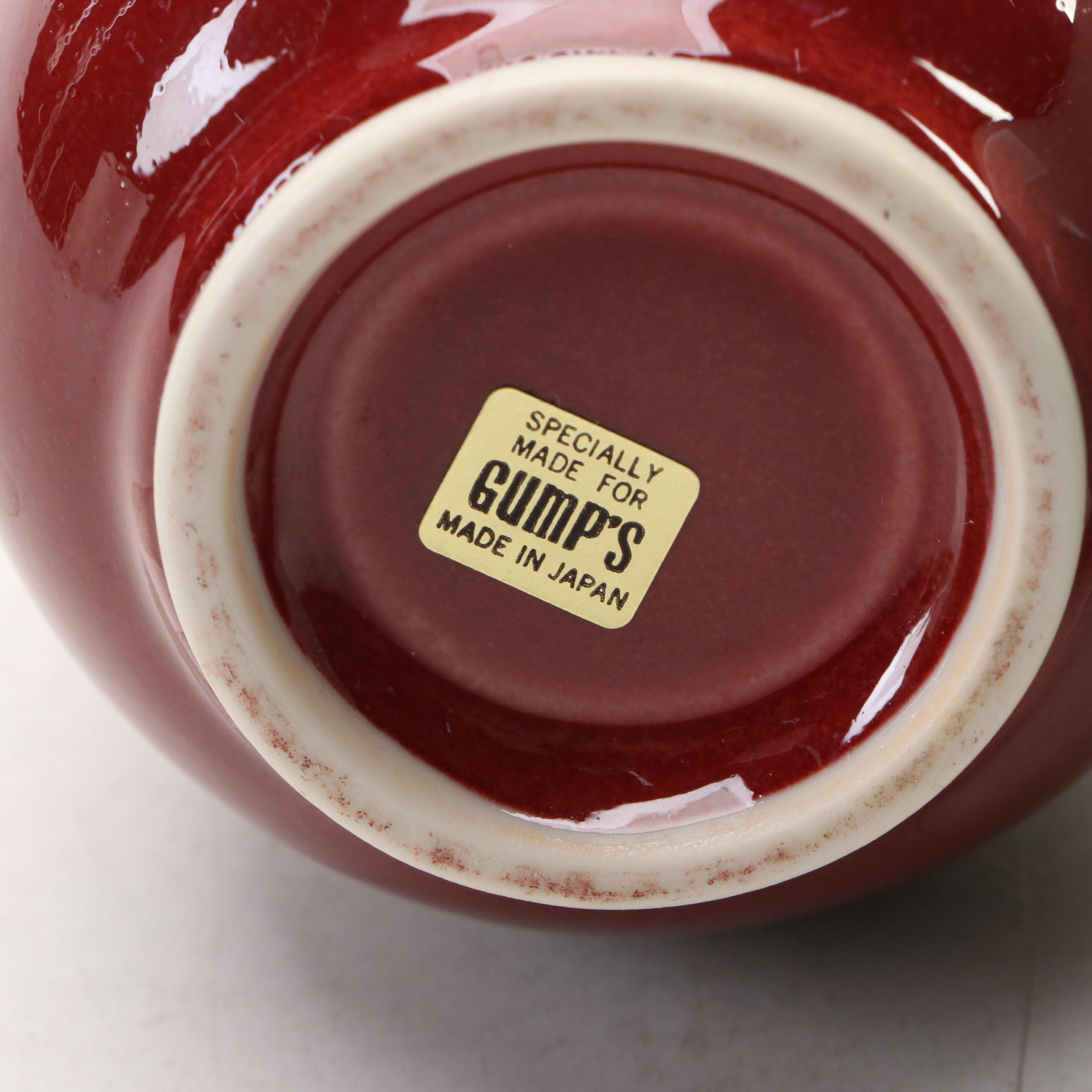 Gump's Green and Burgundy Ceramic Vases with Chinese Dragon Handled Vase