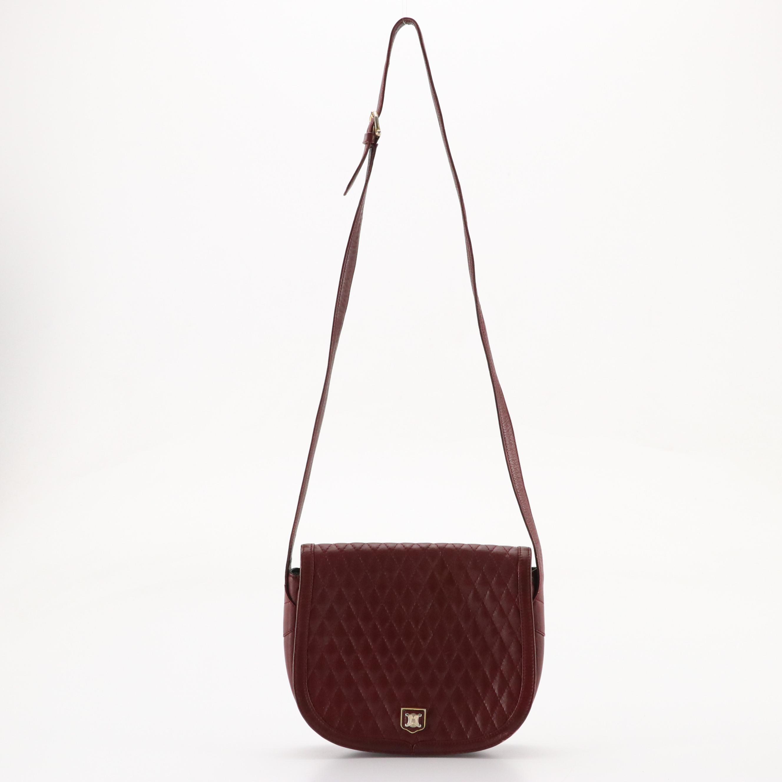 Celine Vintage Saddle-Flap Shoulder Bag in Burgundy Diamond-Stitched Leather