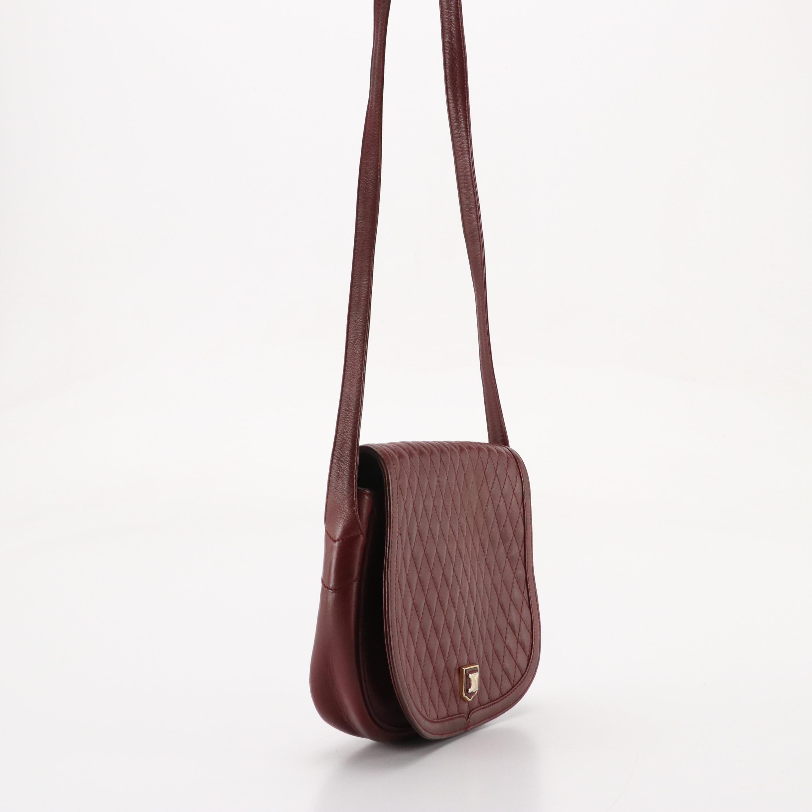 Celine Vintage Saddle-Flap Shoulder Bag in Burgundy Diamond-Stitched Leather